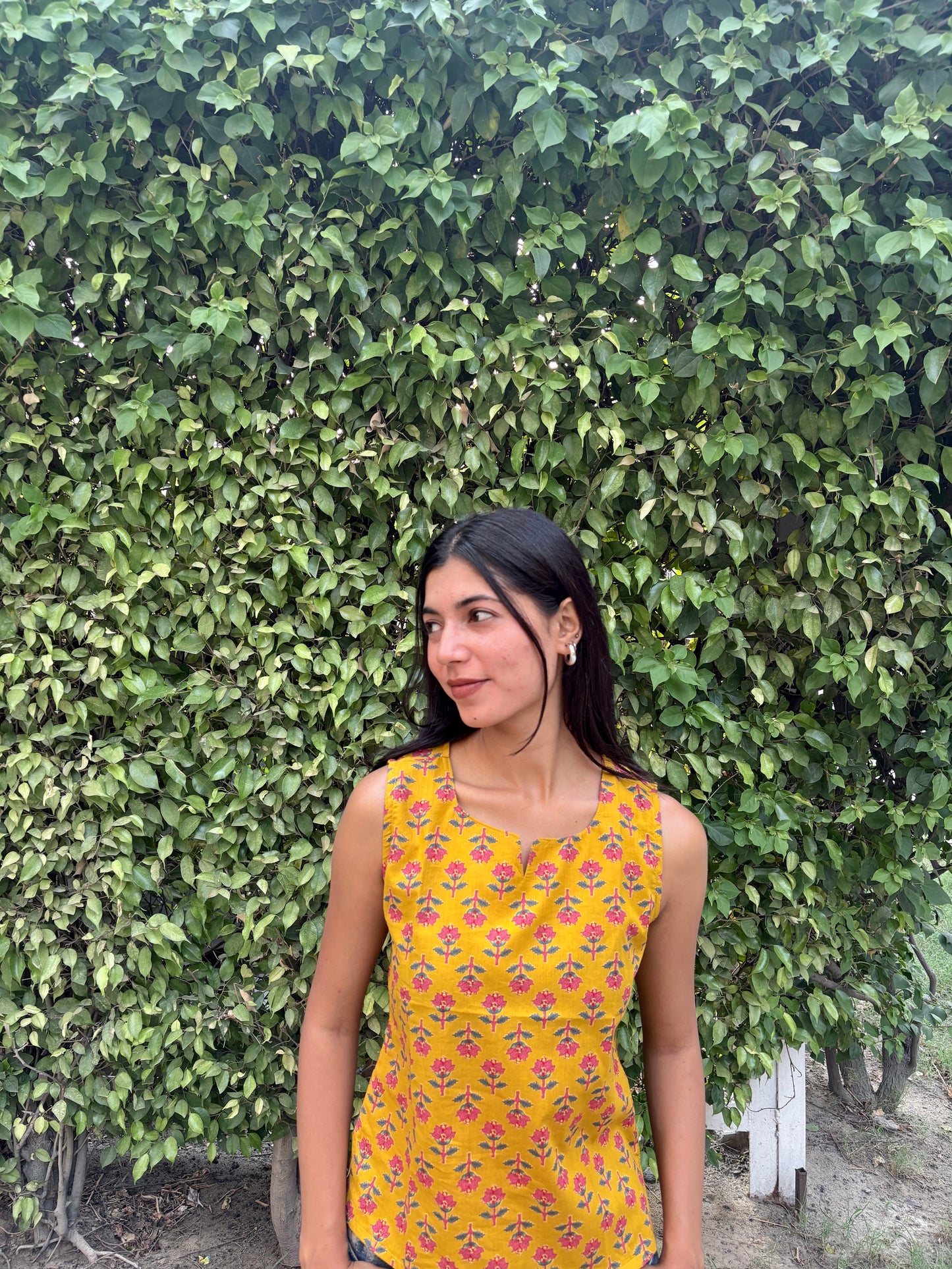 Mustard Floral Printed Cotton Sleeveless Top for Women