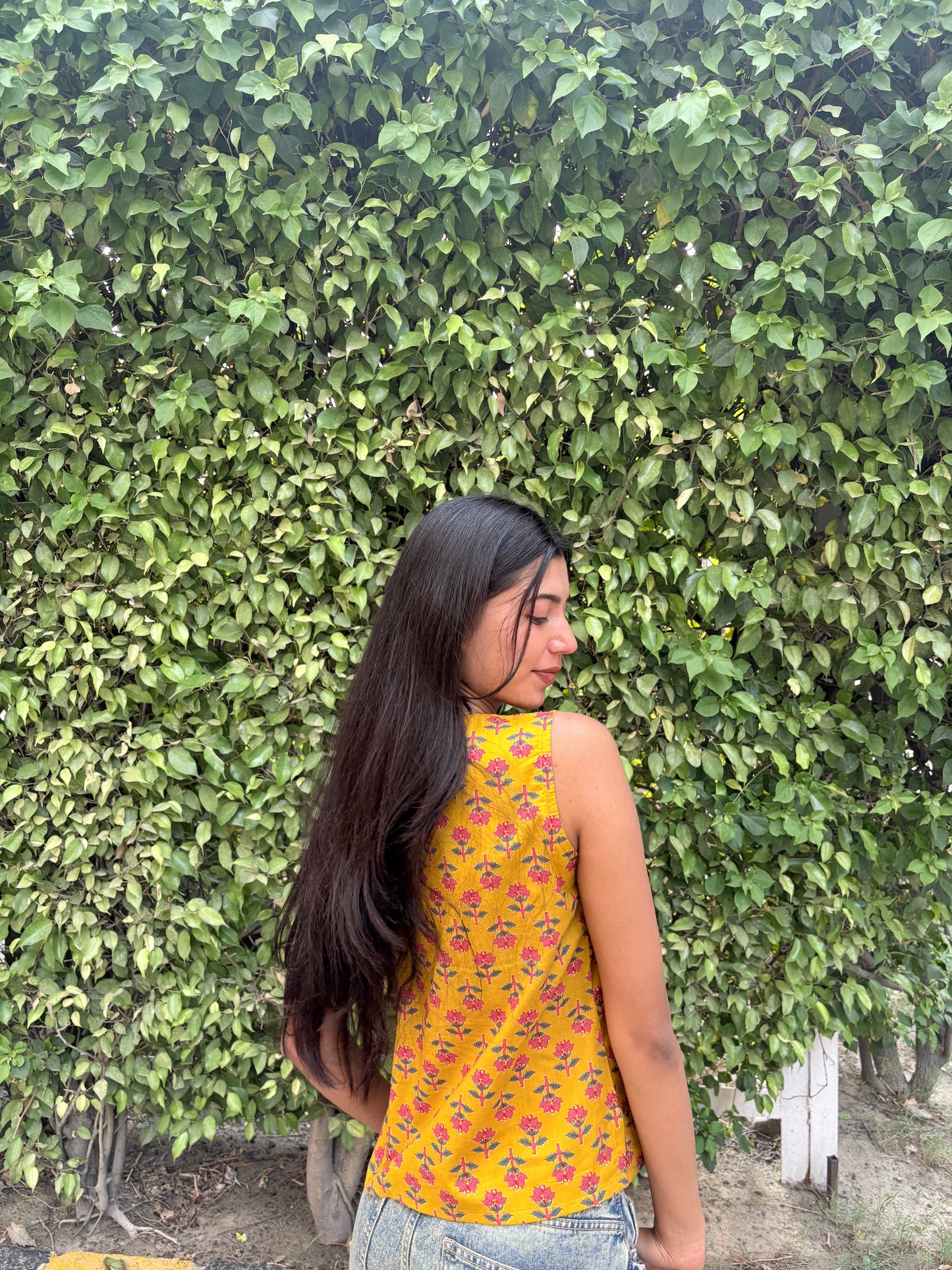 Mustard Floral Printed Cotton Sleeveless Top for Women