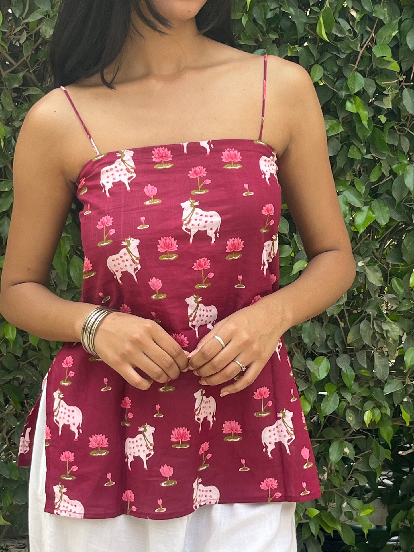 Rani Pink Cow Print Cotton Spaghetti Top for Women