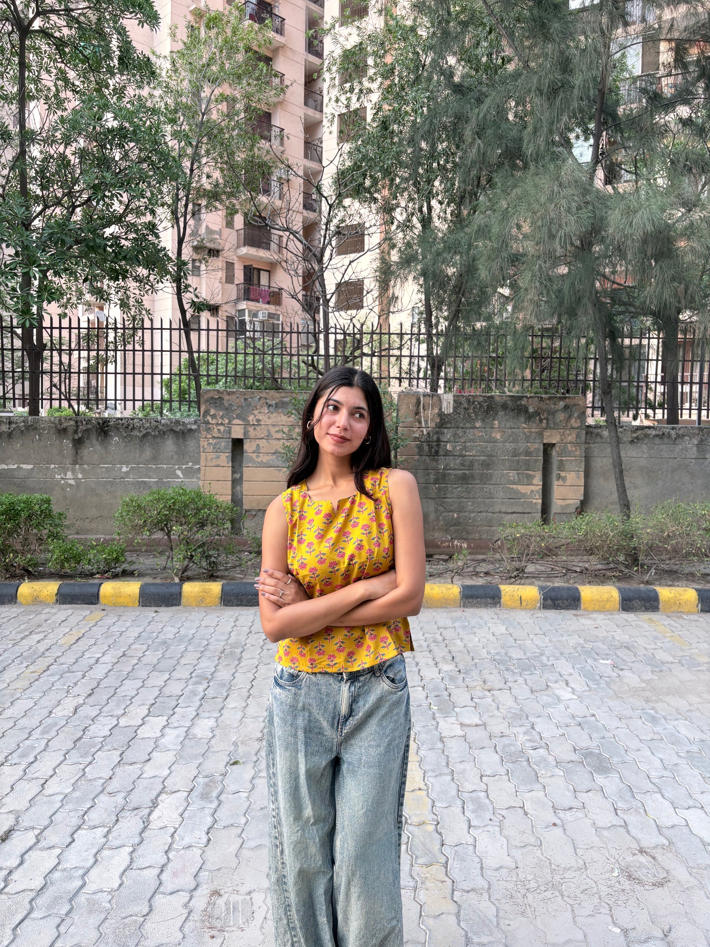 Mustard Floral Printed Cotton Sleeveless Top for Women
