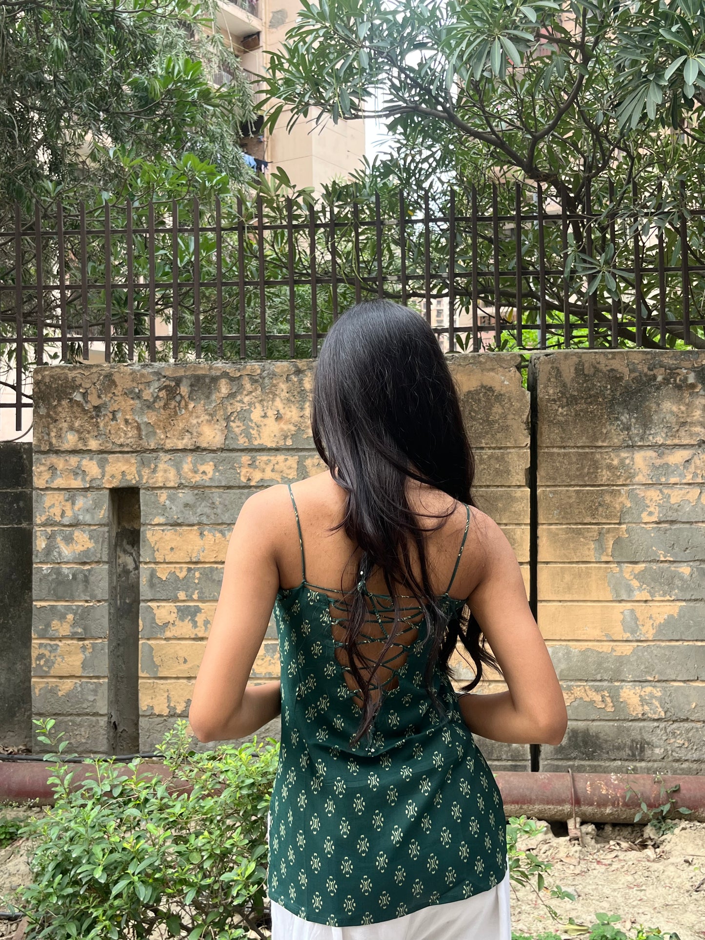 Bottle Green Block Print Cotton Spaghetti Top for Women