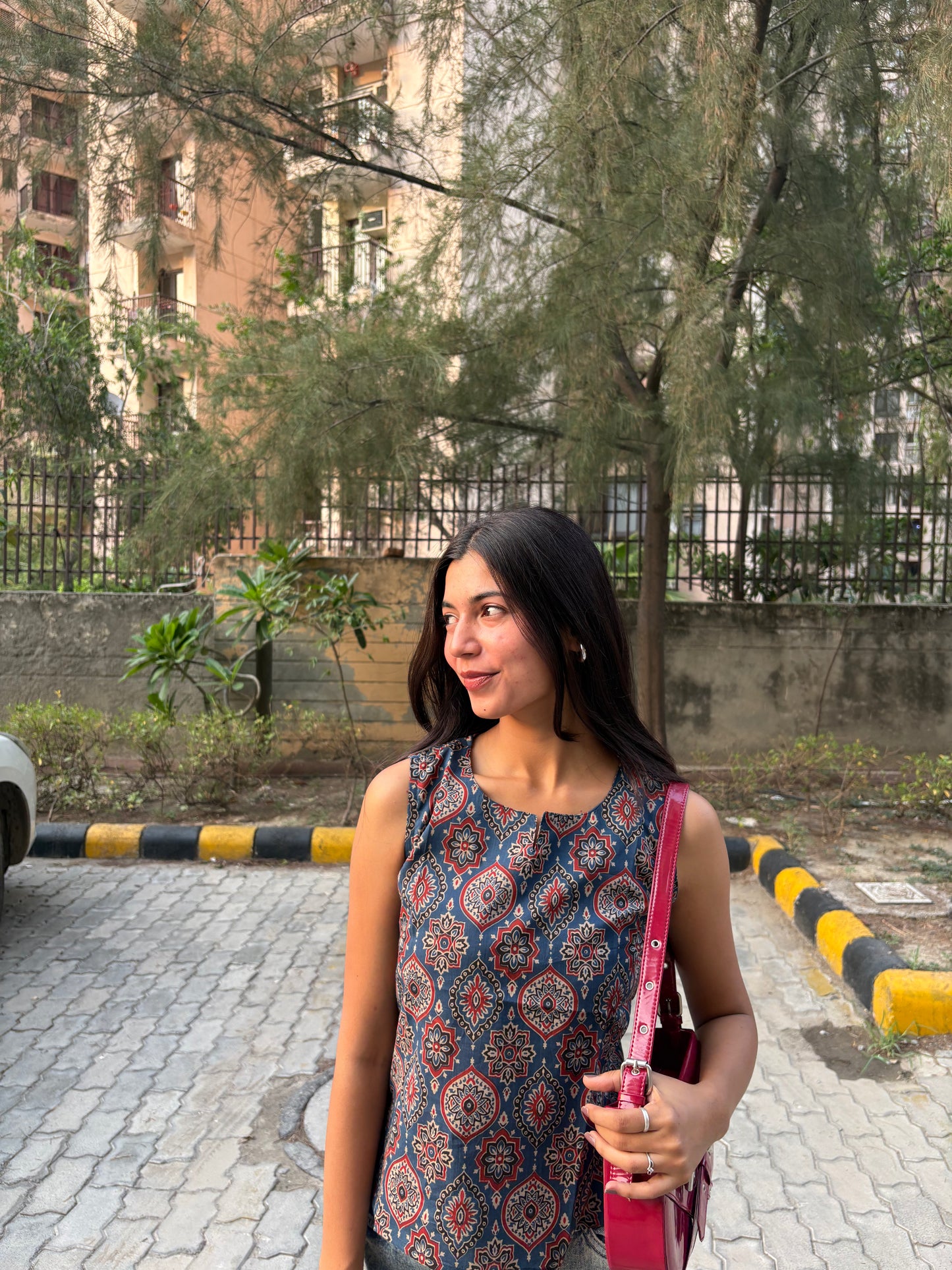 Indigo Ajrak Floral Printed Cotton Sleeveless Top for Women