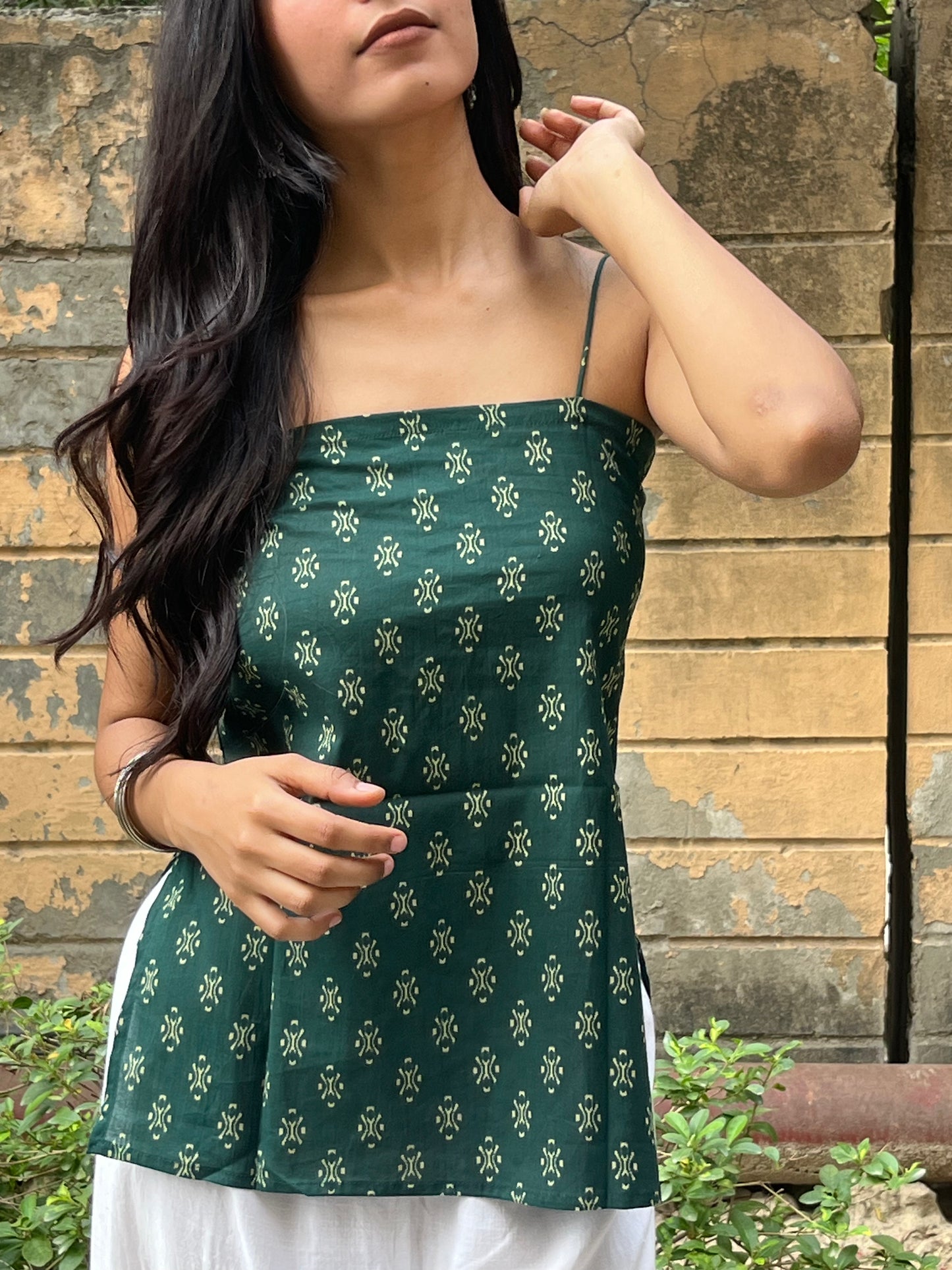 Bottle Green Block Print Cotton Spaghetti Top for Women