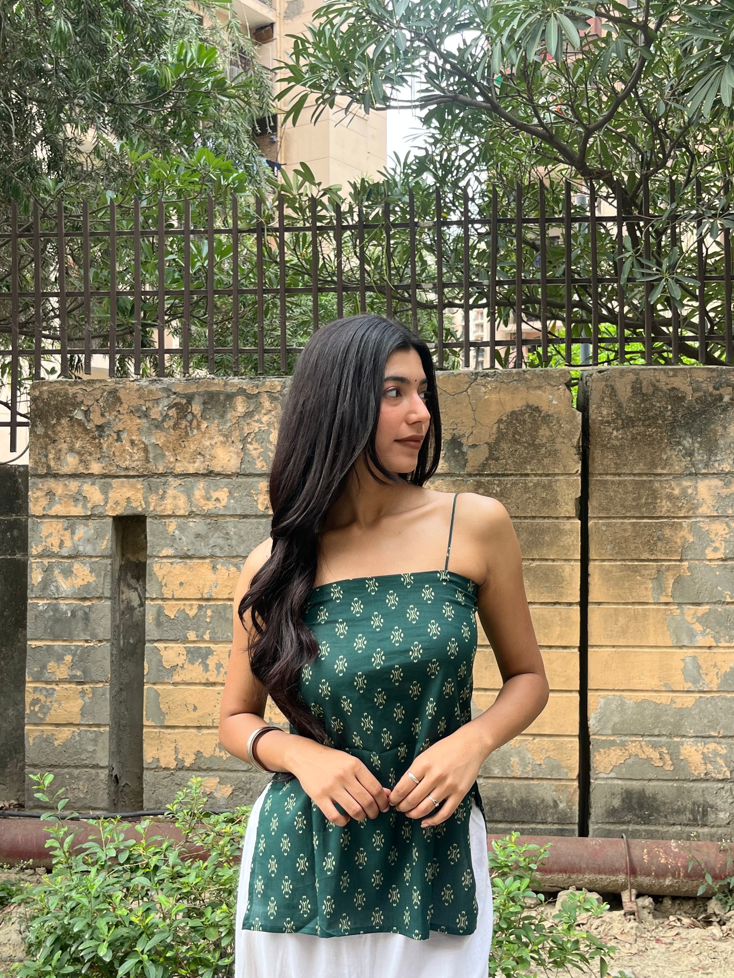 Bottle Green Block Print Cotton Spaghetti Top for Women