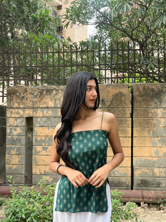 Bottle Green Block Print Cotton Spaghetti Top for Women