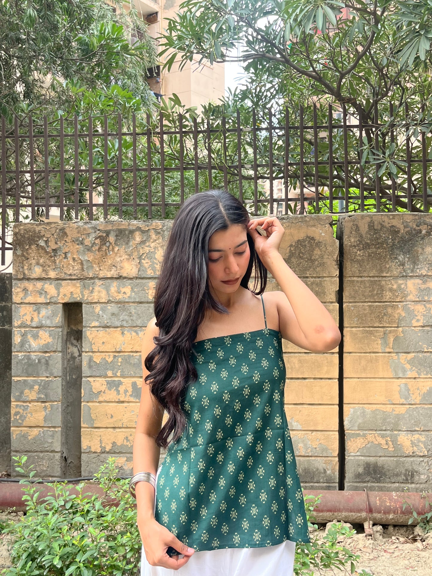 Bottle Green Block Print Cotton Spaghetti Top for Women