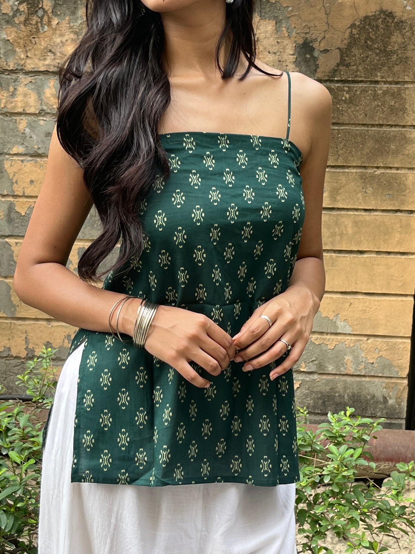 Bottle Green Block Print Cotton Spaghetti Top for Women