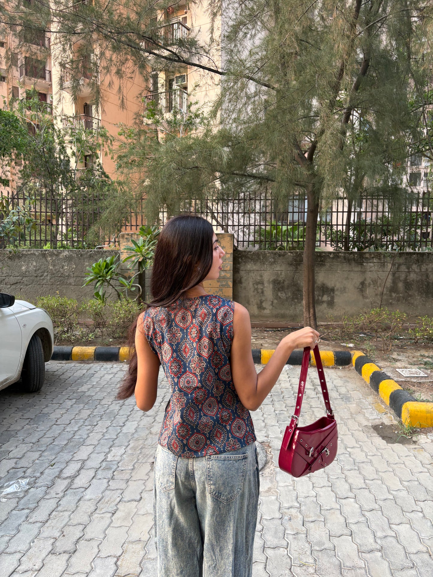 Indigo Ajrak Floral Printed Cotton Sleeveless Top for Women