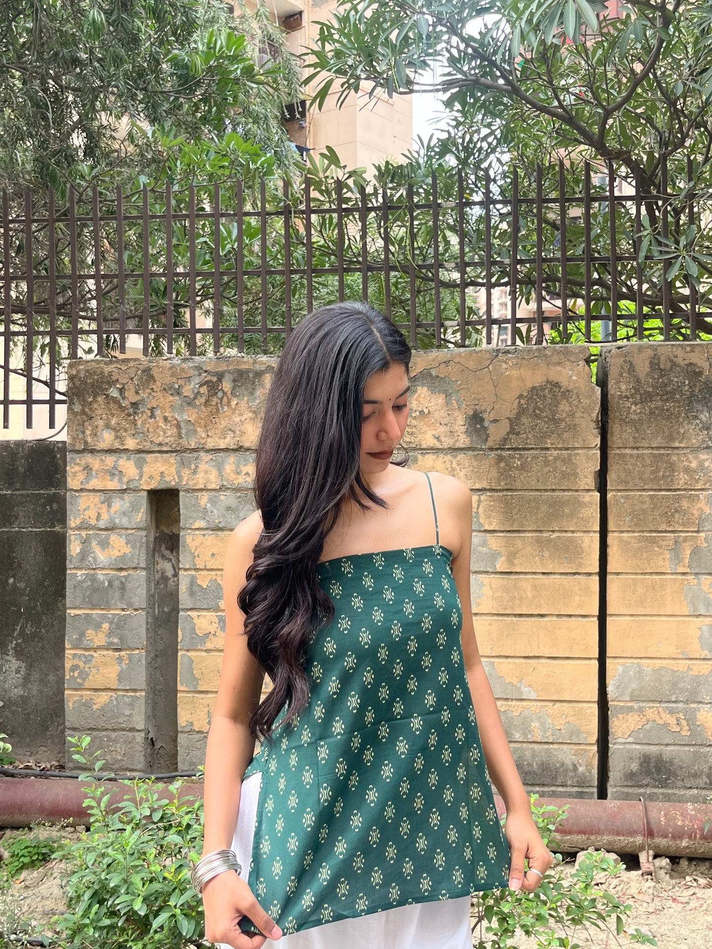 Bottle Green Block Print Cotton Spaghetti Top for Women