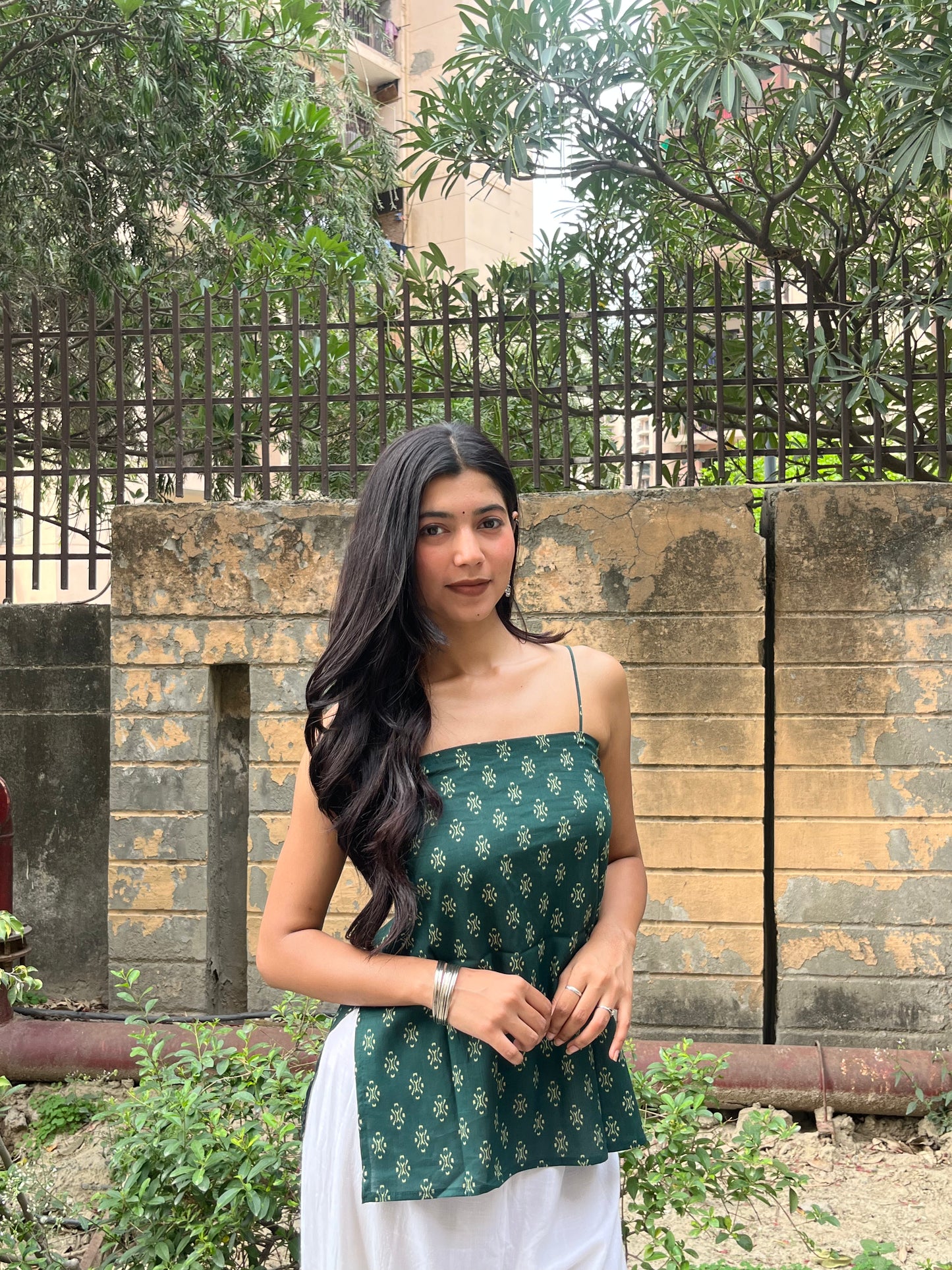 Bottle Green Block Print Cotton Spaghetti Top for Women