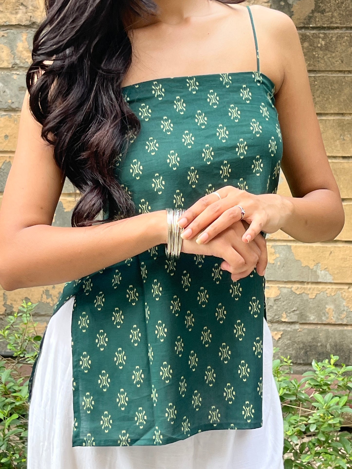 Bottle Green Block Print Cotton Spaghetti Top for Women