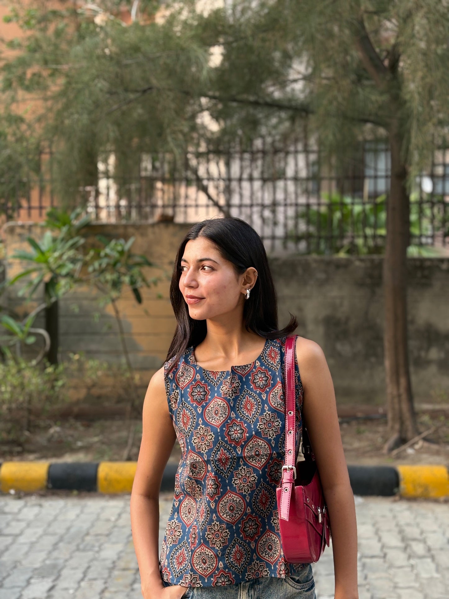 Indigo Ajrak Floral Printed Cotton Sleeveless Top for Women