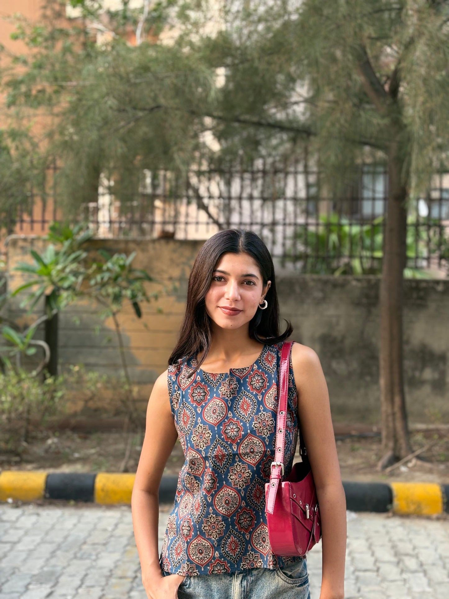 Indigo Ajrak Floral Printed Cotton Sleeveless Top for Women