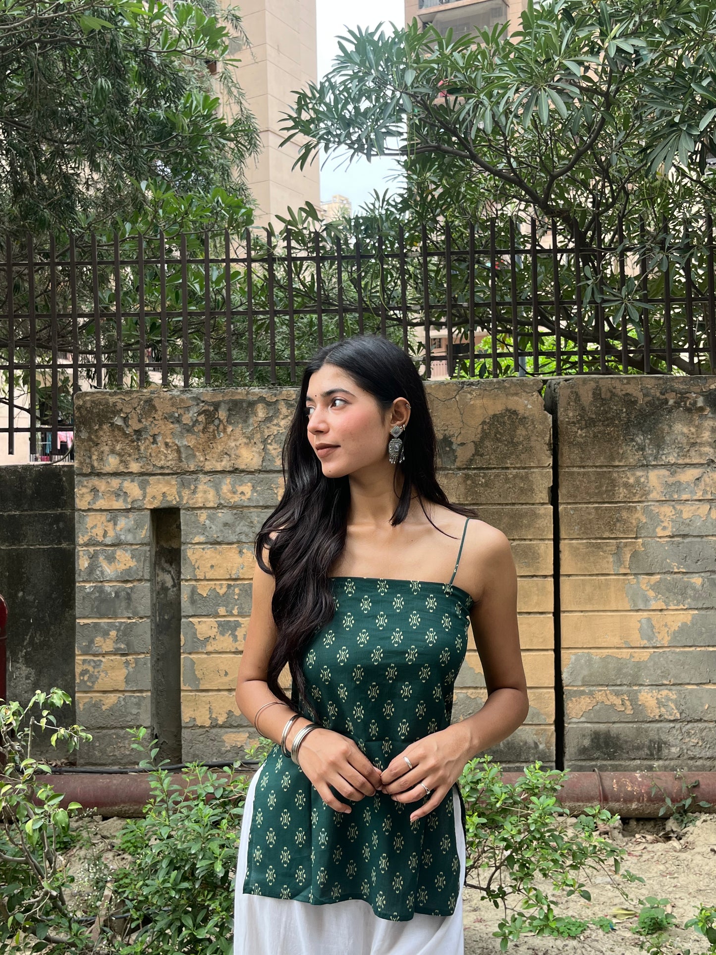 Bottle Green Block Print Cotton Spaghetti Top for Women