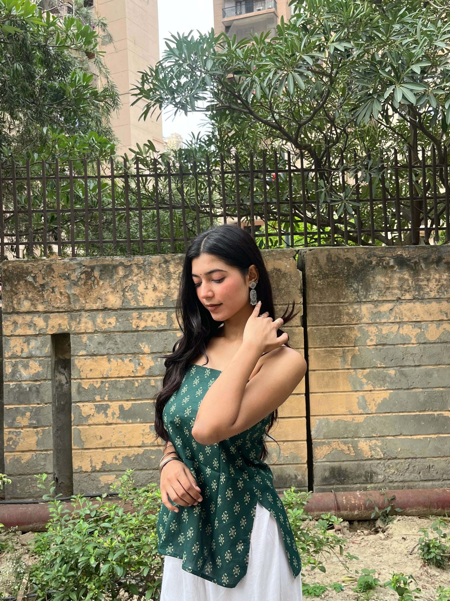 Bottle Green Block Print Cotton Spaghetti Top for Women