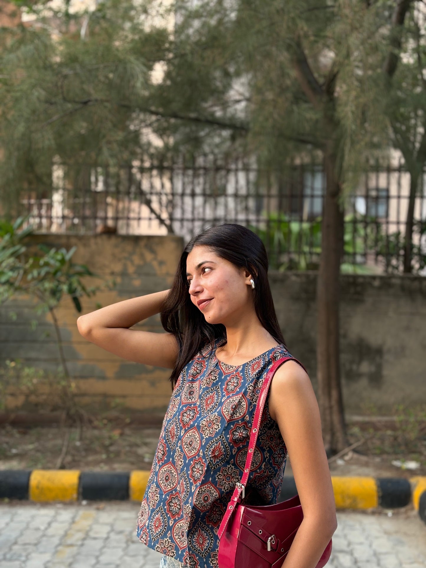 Indigo Ajrak Floral Printed Cotton Sleeveless Top for Women