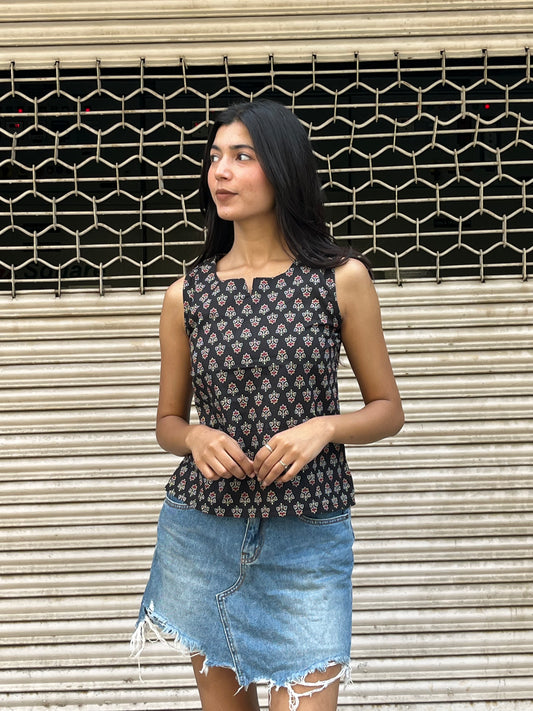 Black Floral Buta Print Sleeveless Cotton Crop Kurti Top for Women