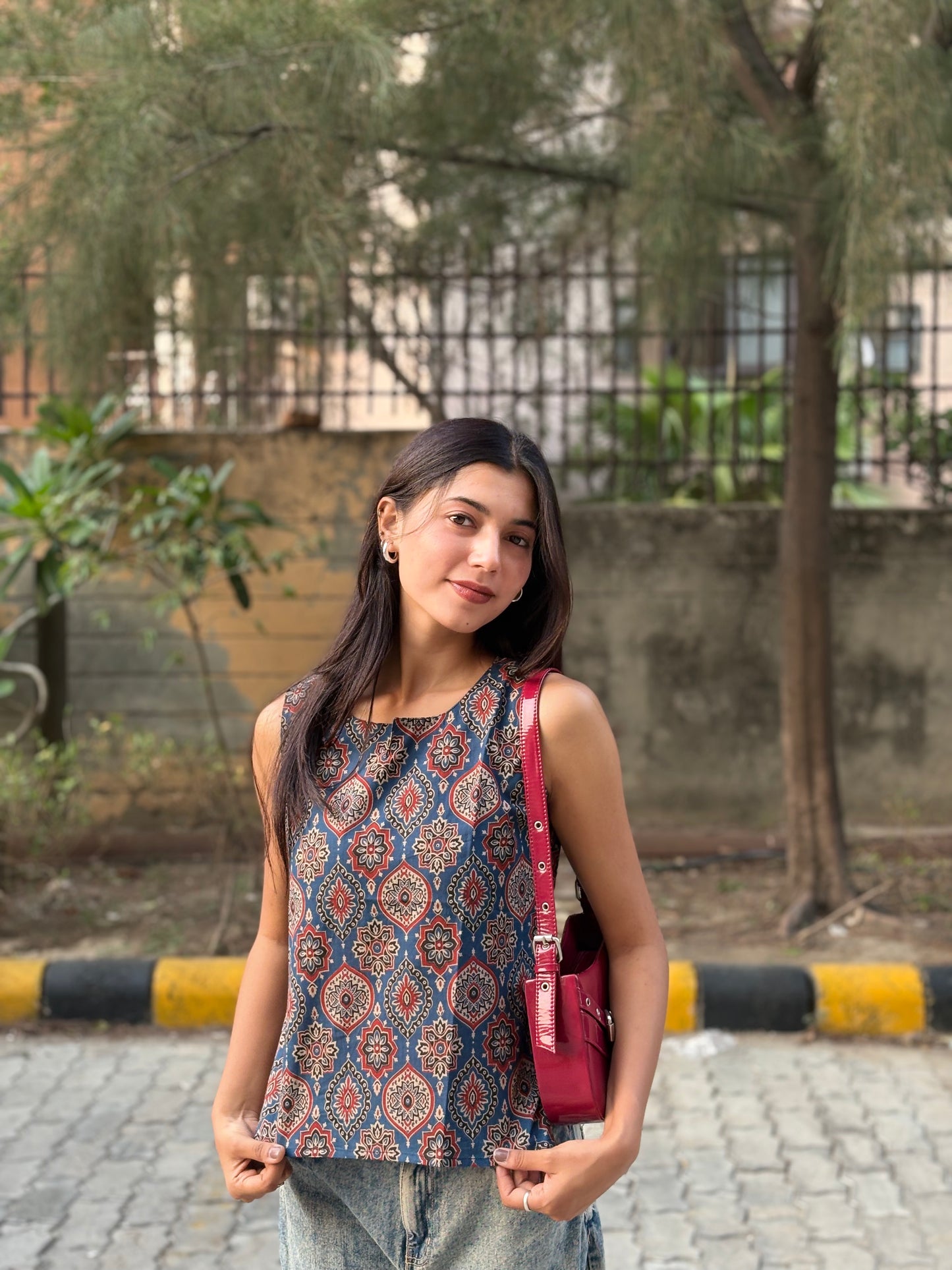 Indigo Ajrak Floral Printed Cotton Sleeveless Top for Women