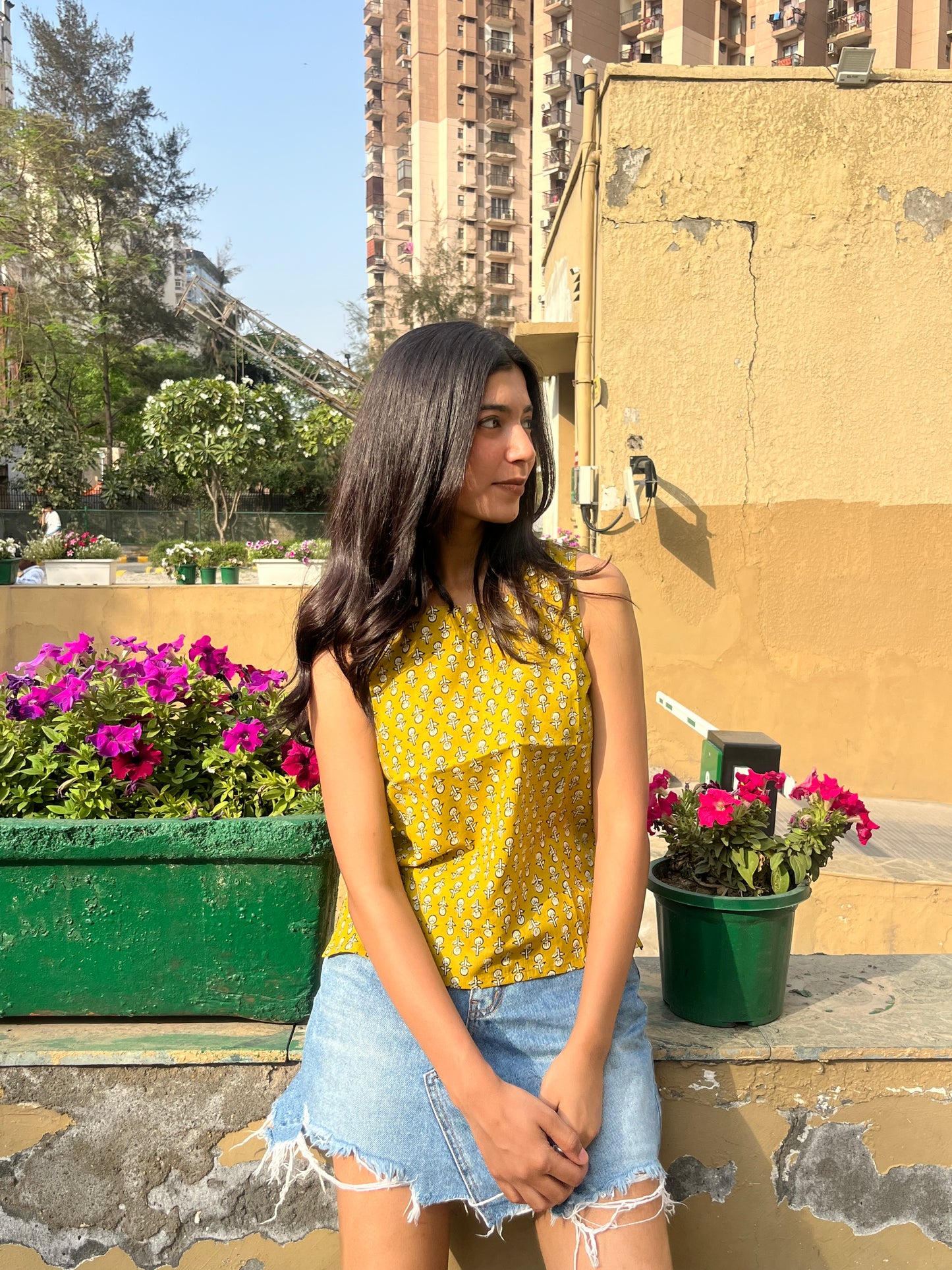 Mustard Yellow Floral Buta Print Sleeveless Cotton Crop Kurti Top for Women