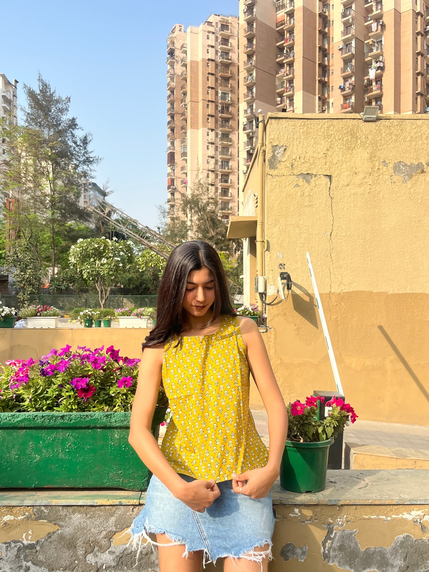 Mustard Yellow Floral Buta Print Sleeveless Cotton Crop Kurti Top for Women
