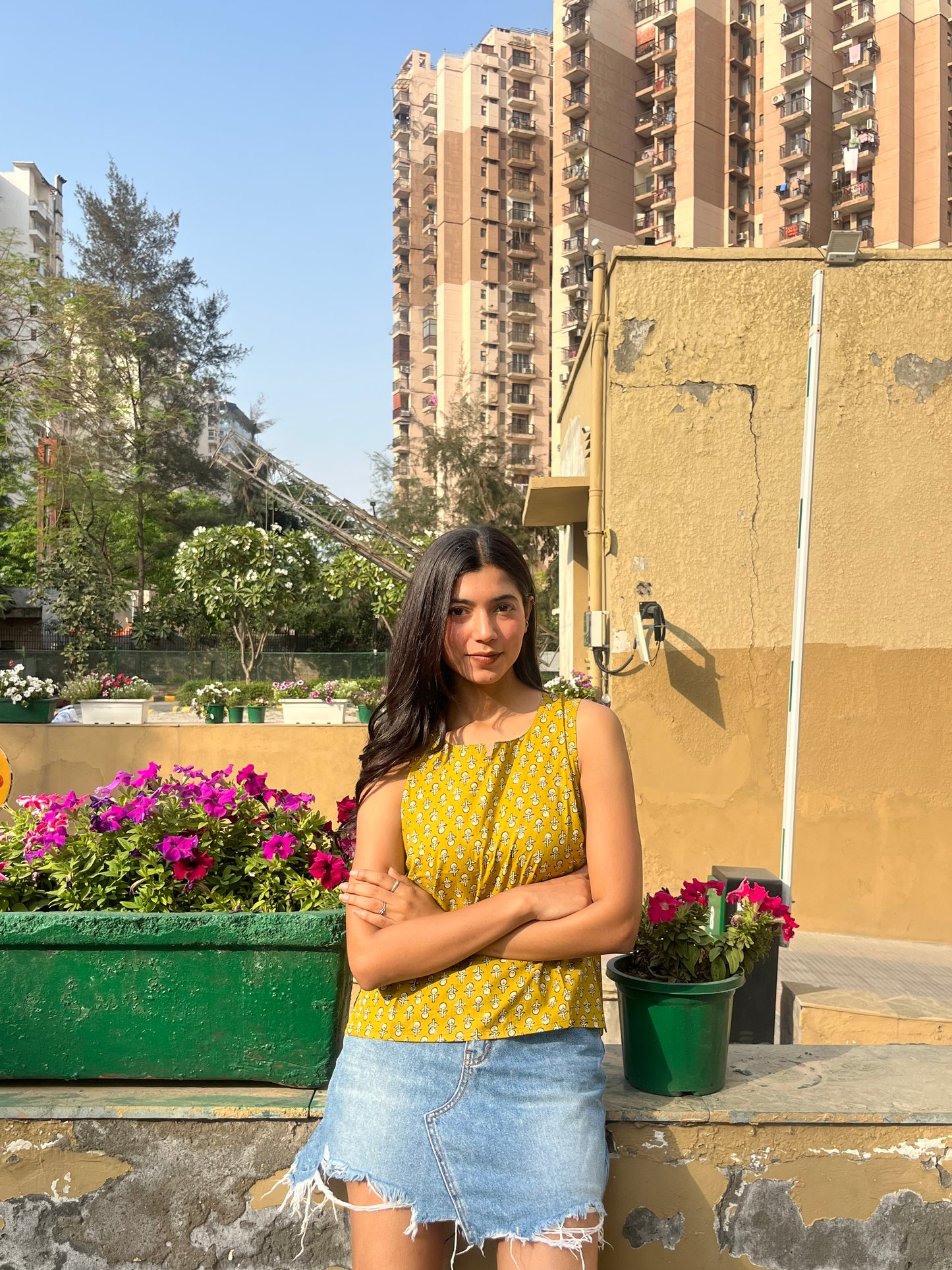 Mustard Yellow Floral Buta Print Sleeveless Cotton Crop Kurti Top for Women