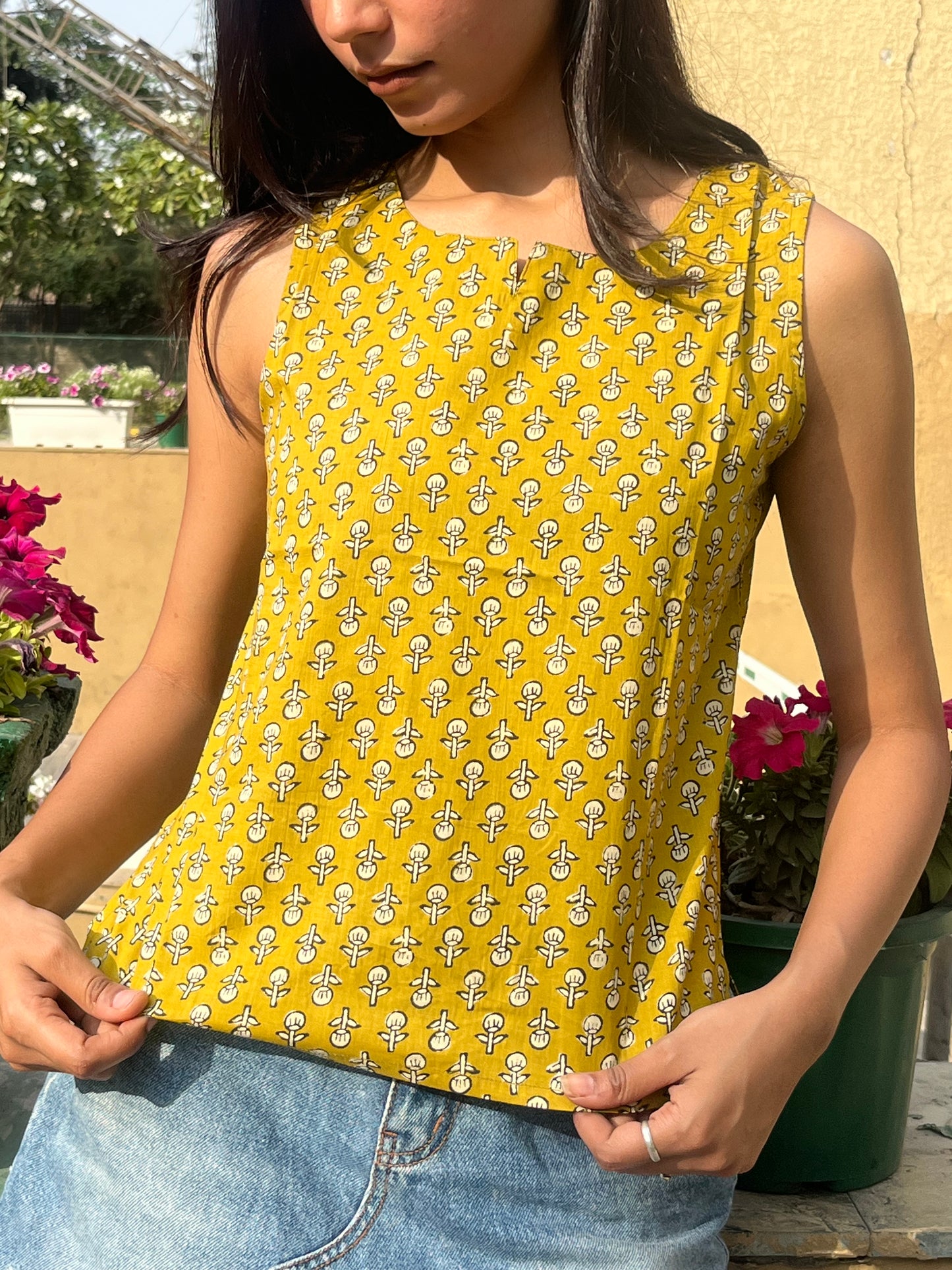 Mustard Yellow Floral Buta Print Sleeveless Cotton Crop Kurti Top for Women