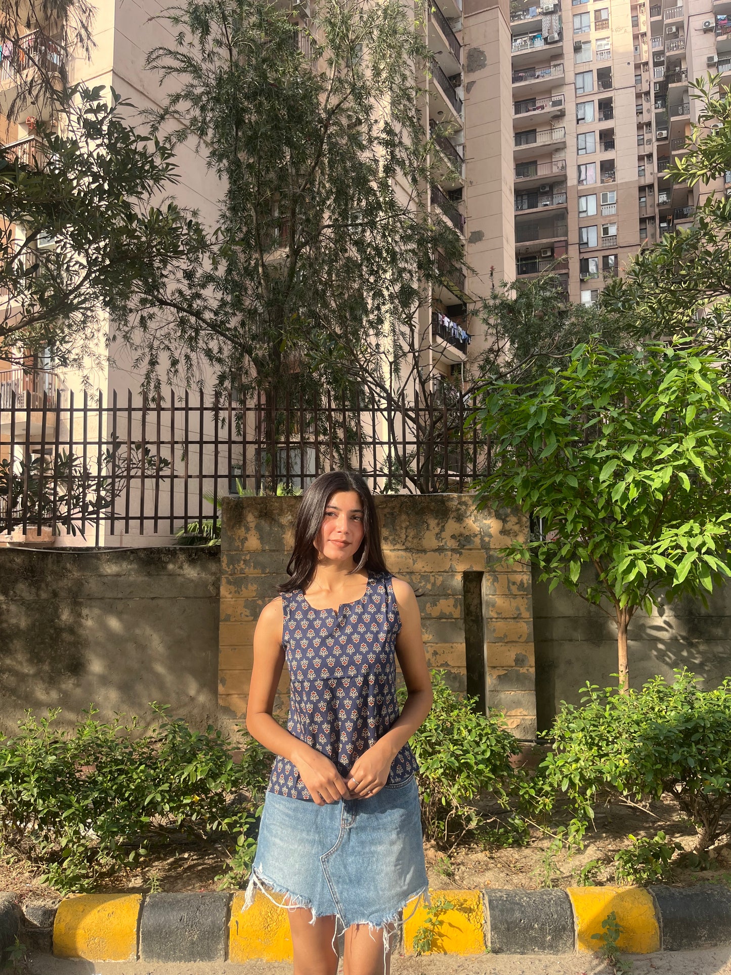 Navy Blue Ajrakh Print Sleeveless Cotton Crop Kurti Top for Women