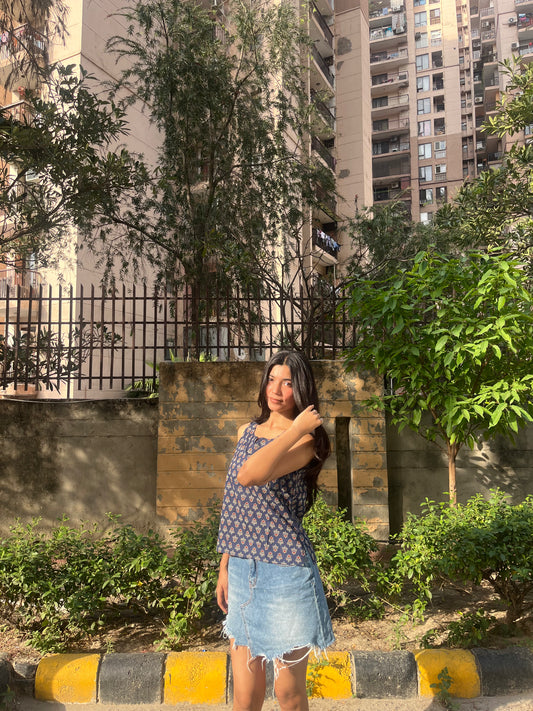 Navy Blue Ajrakh Print Sleeveless Cotton Crop Kurti Top for Women