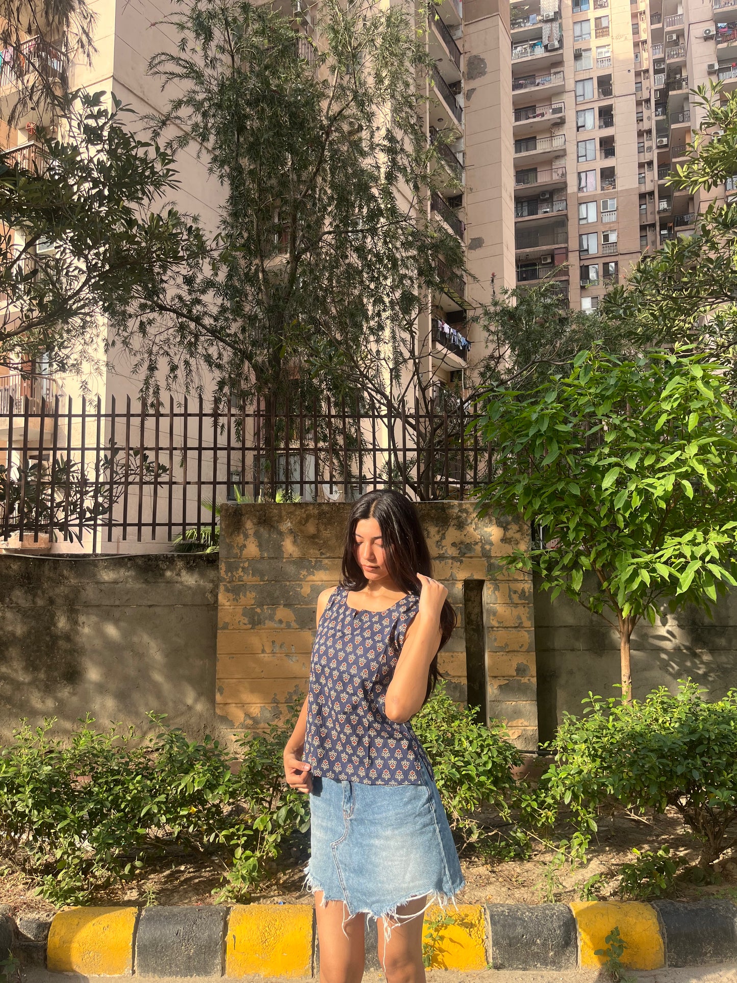 Navy Blue Ajrakh Print Sleeveless Cotton Crop Kurti Top for Women