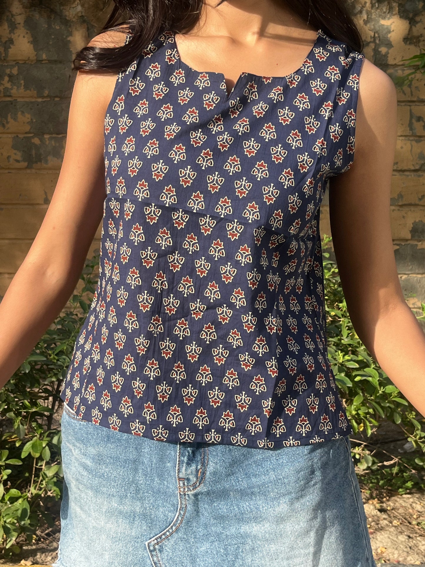 Navy Blue Ajrakh Print Sleeveless Cotton Crop Kurti Top for Women