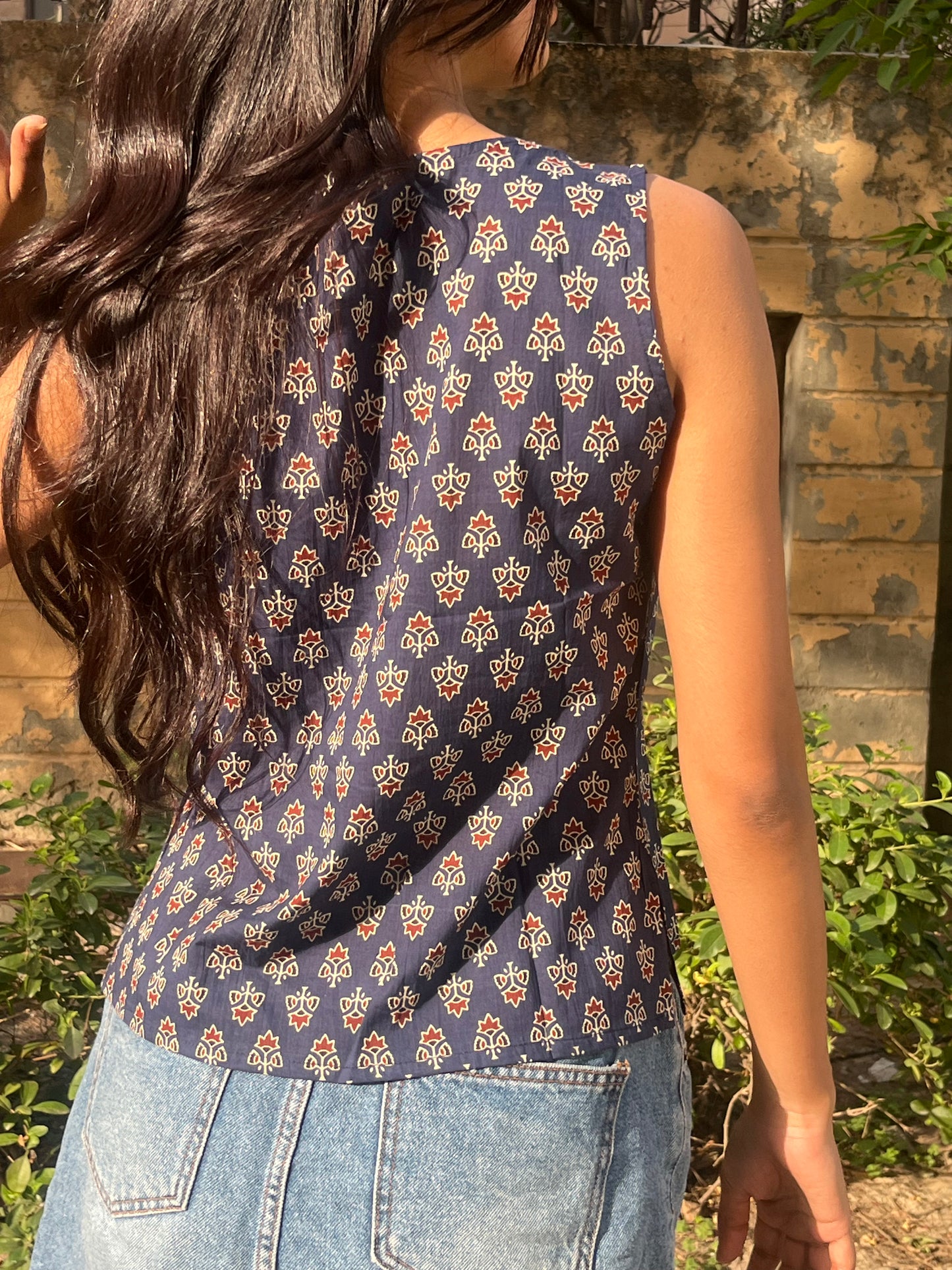 Navy Blue Ajrakh Print Sleeveless Cotton Crop Kurti Top for Women