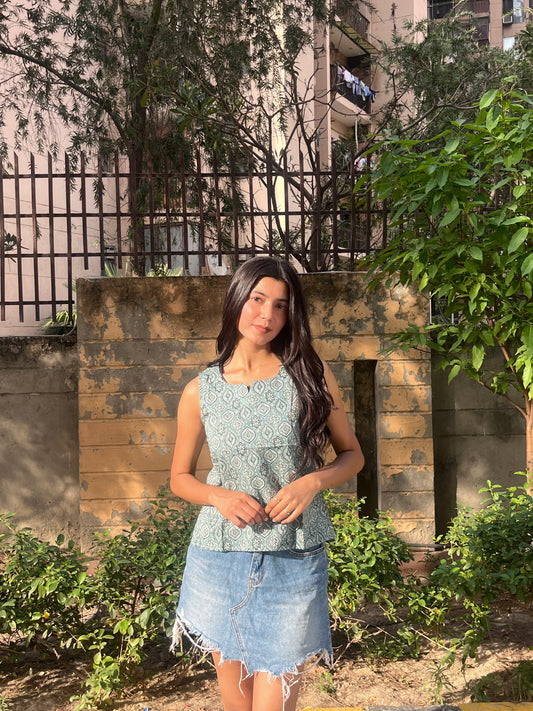 Sage Green ajrak Print Sleeveless Cotton Crop Kurti Top for Women
