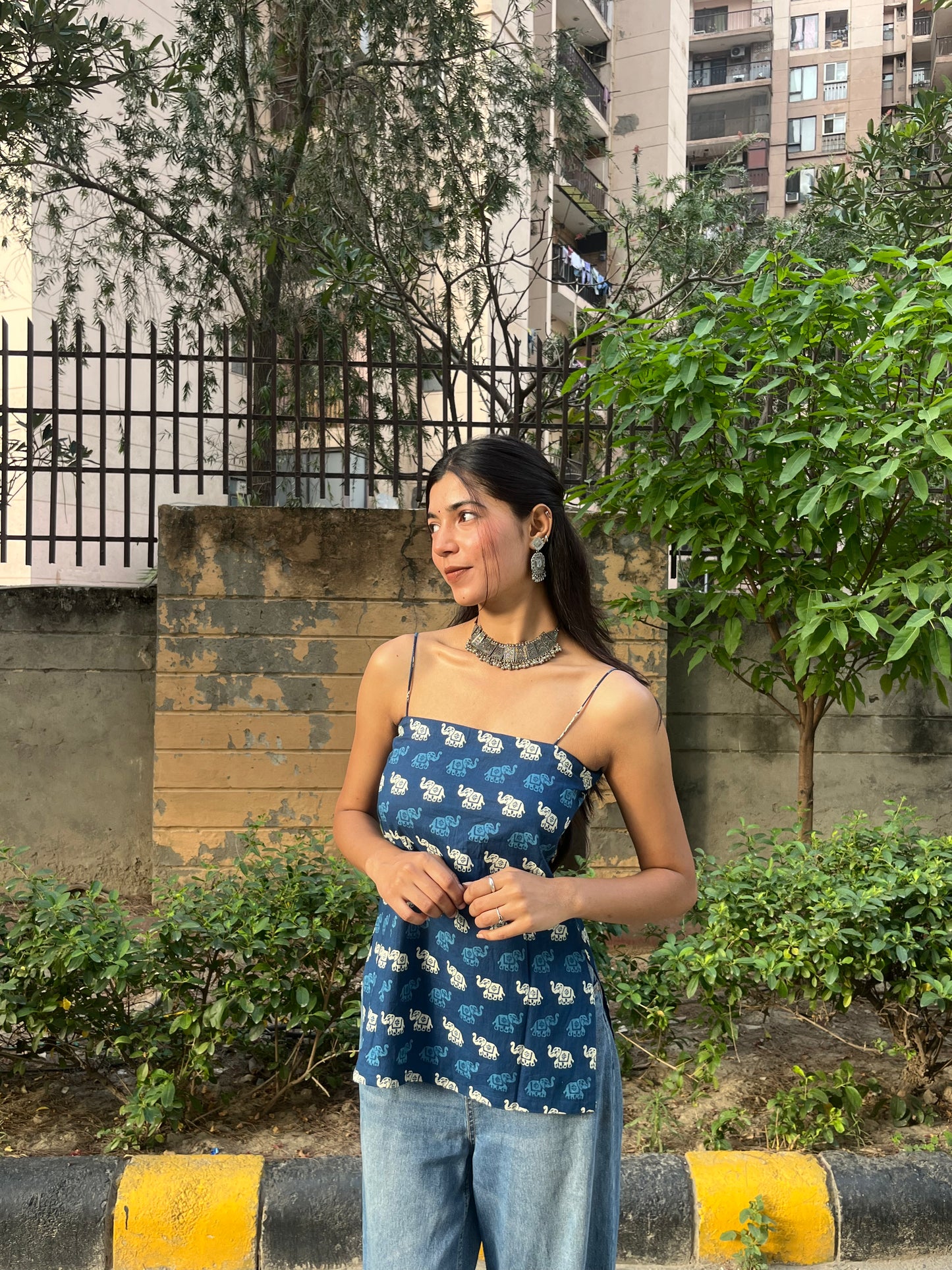 Navy Blue Elephant Print Cotton Spaghetti Top for Women