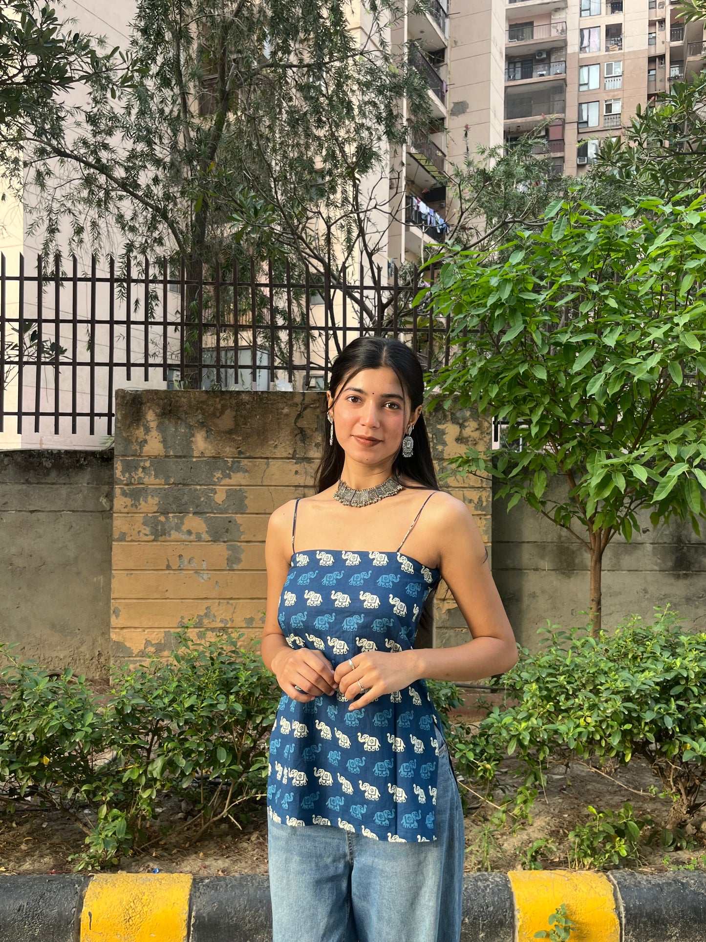 Navy Blue Elephant Print Cotton Spaghetti Top for Women
