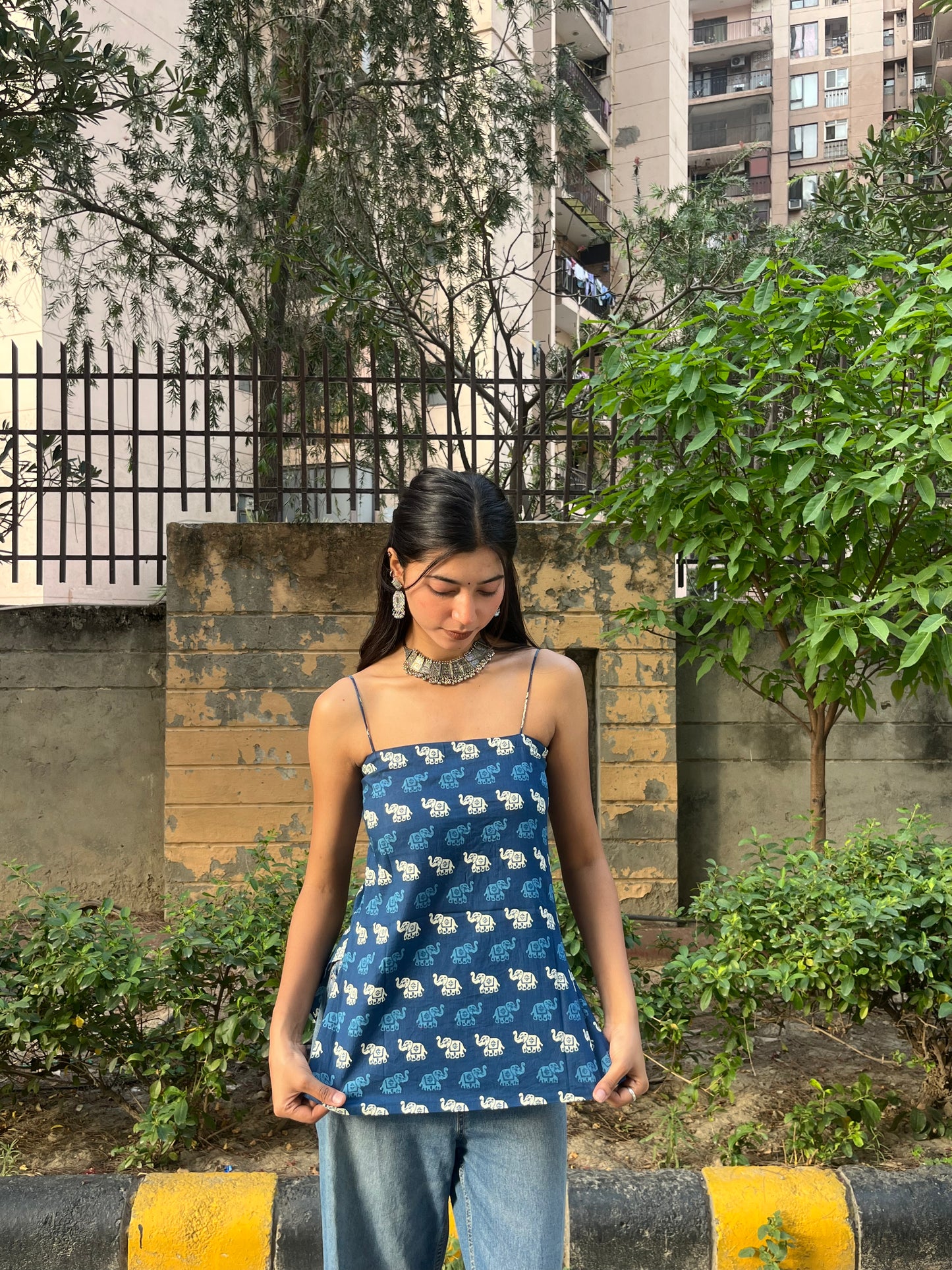 Navy Blue Elephant Print Cotton Spaghetti Top for Women