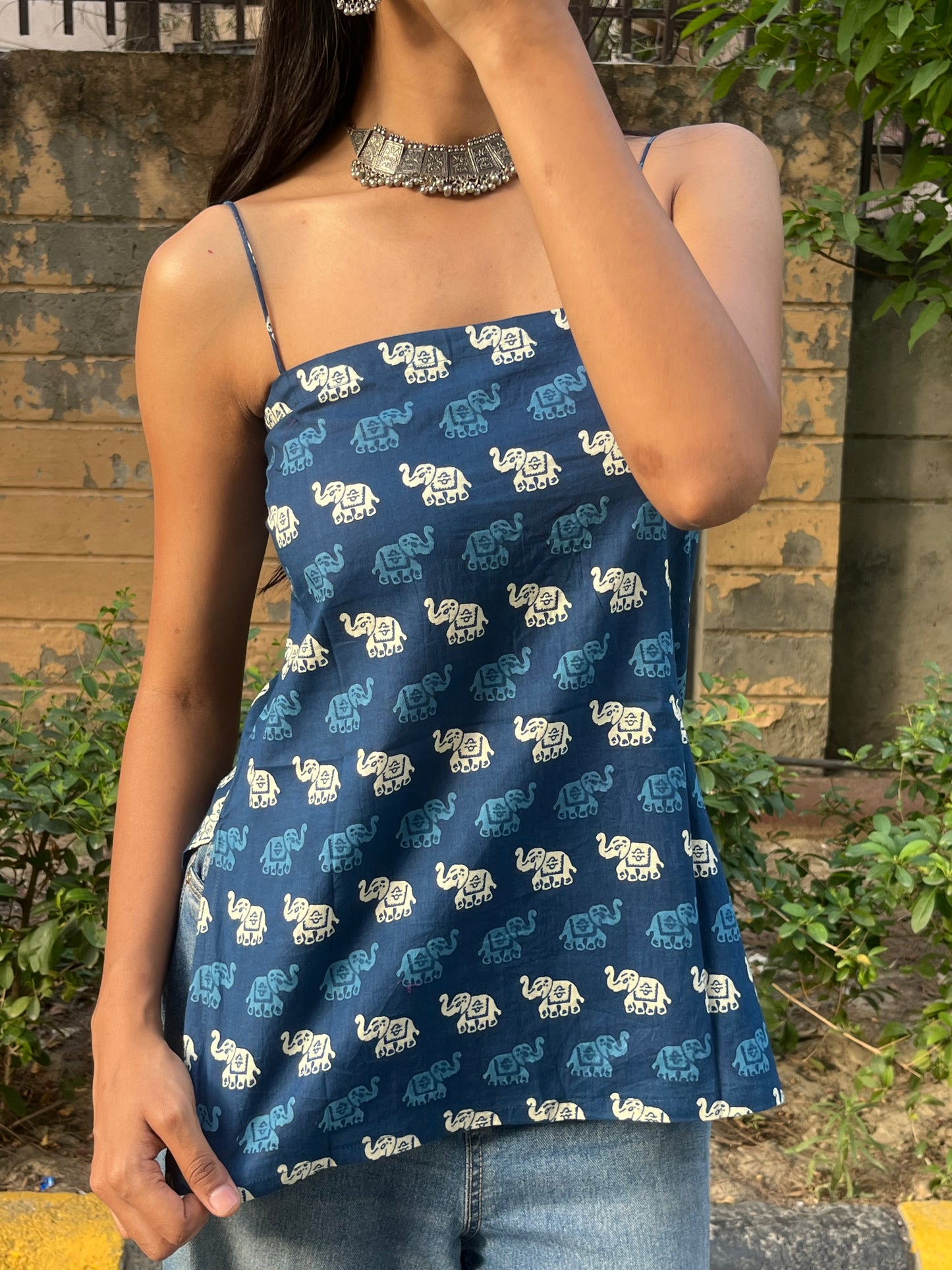 Navy Blue Elephant Print Cotton Spaghetti Top for Women