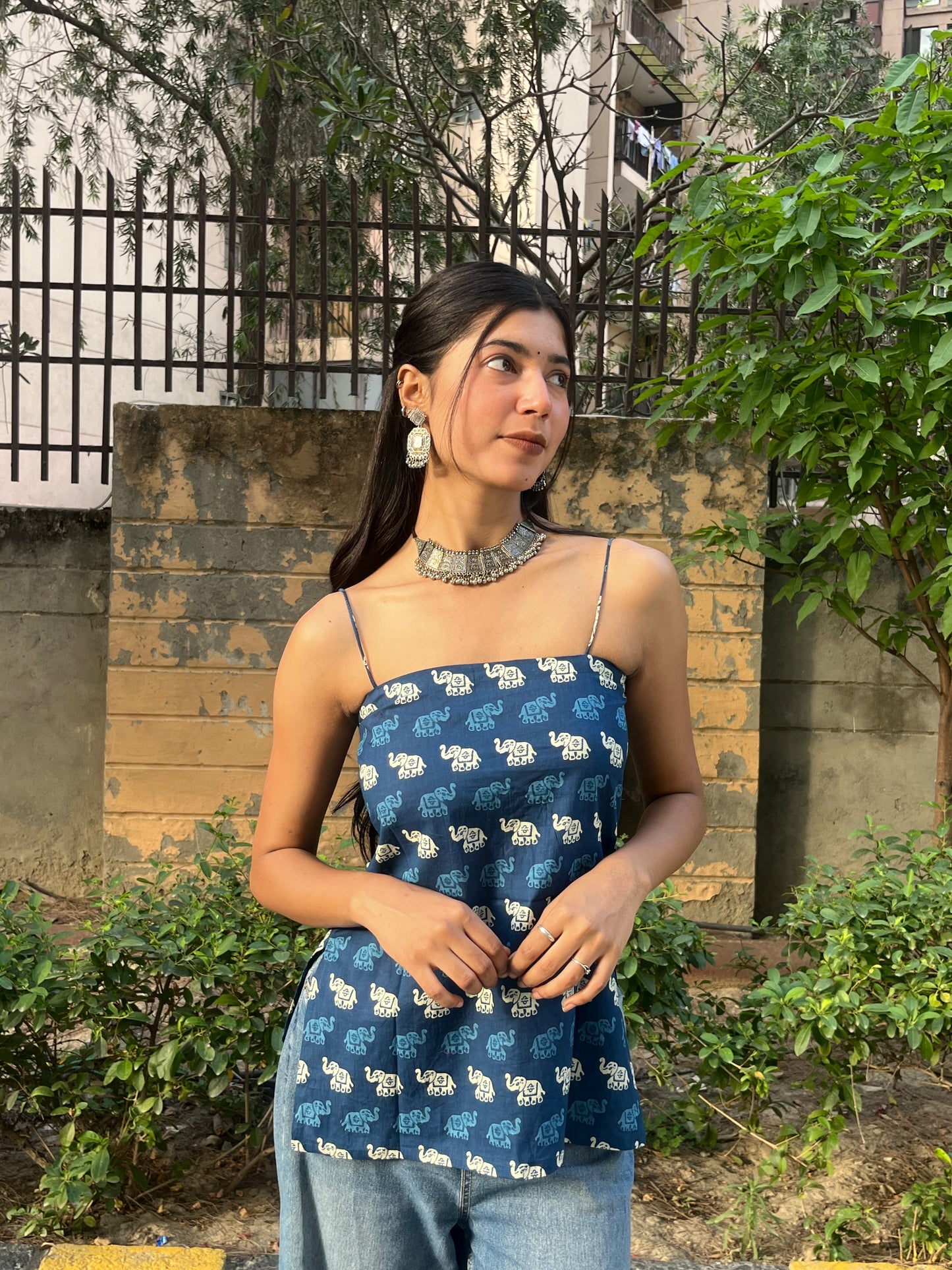 Navy Blue Elephant Print Cotton Spaghetti Top for Women