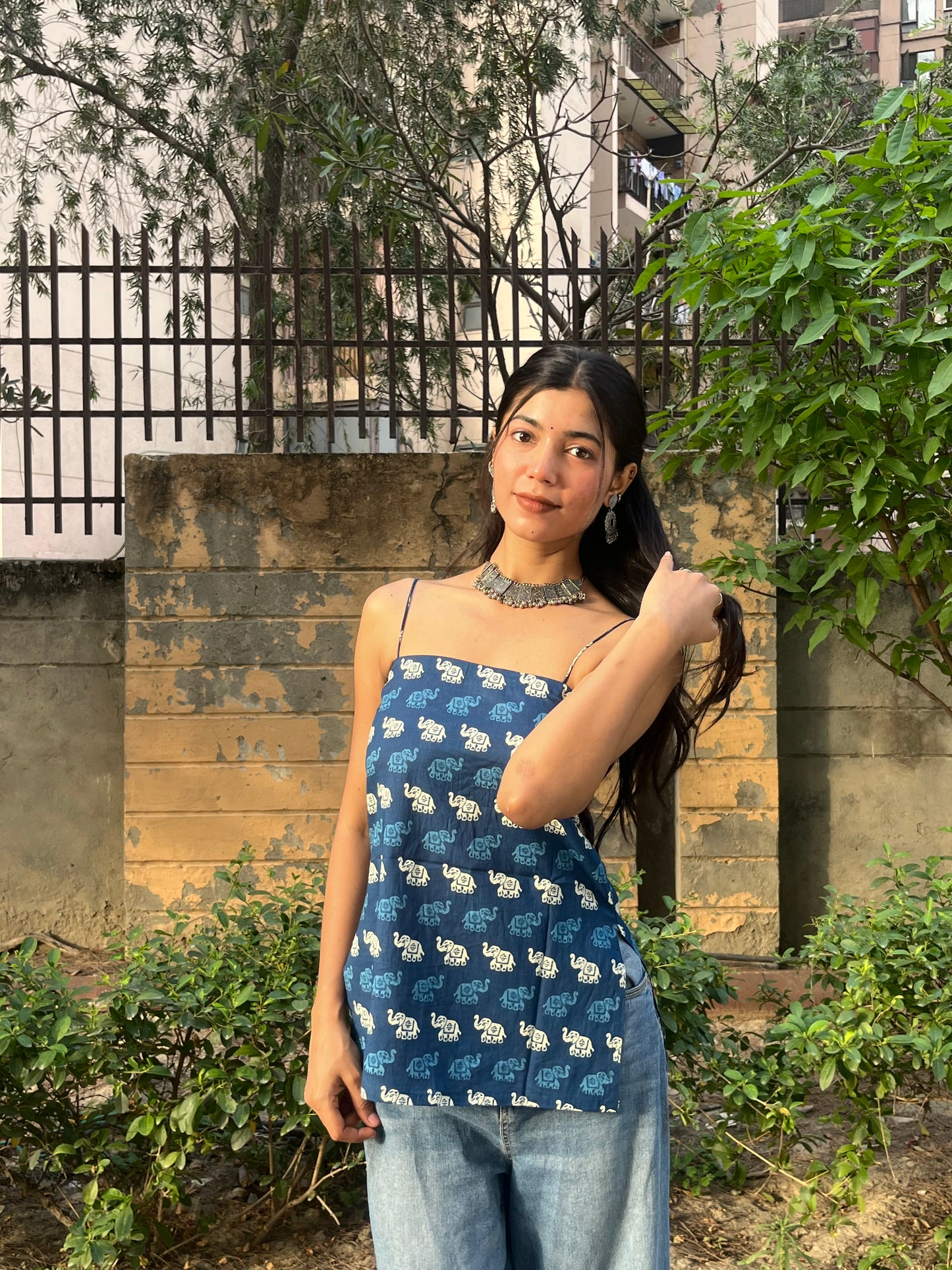 Navy Blue Elephant Print Cotton Spaghetti Top for Women
