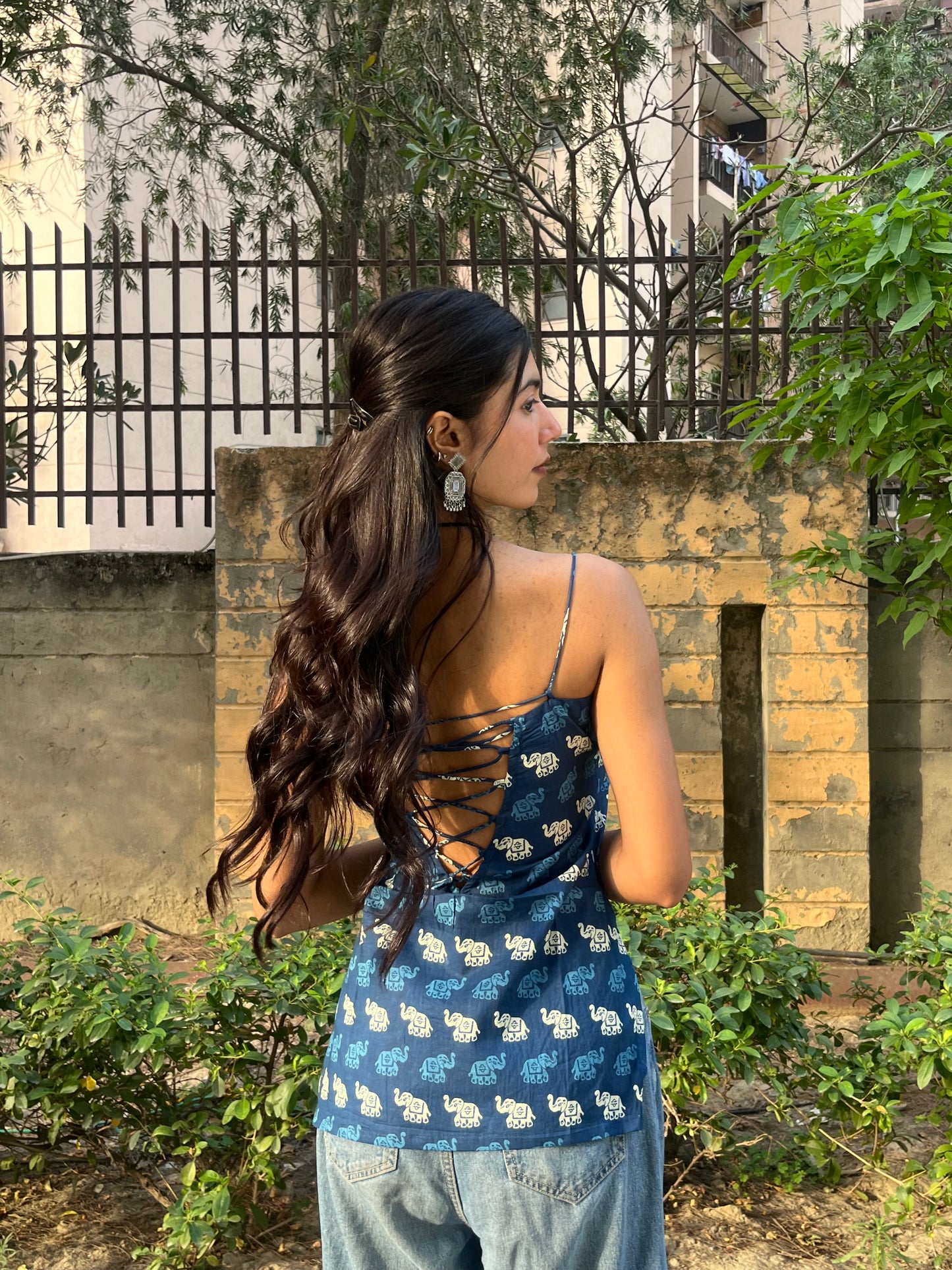 Navy Blue Elephant Print Cotton Spaghetti Top for Women