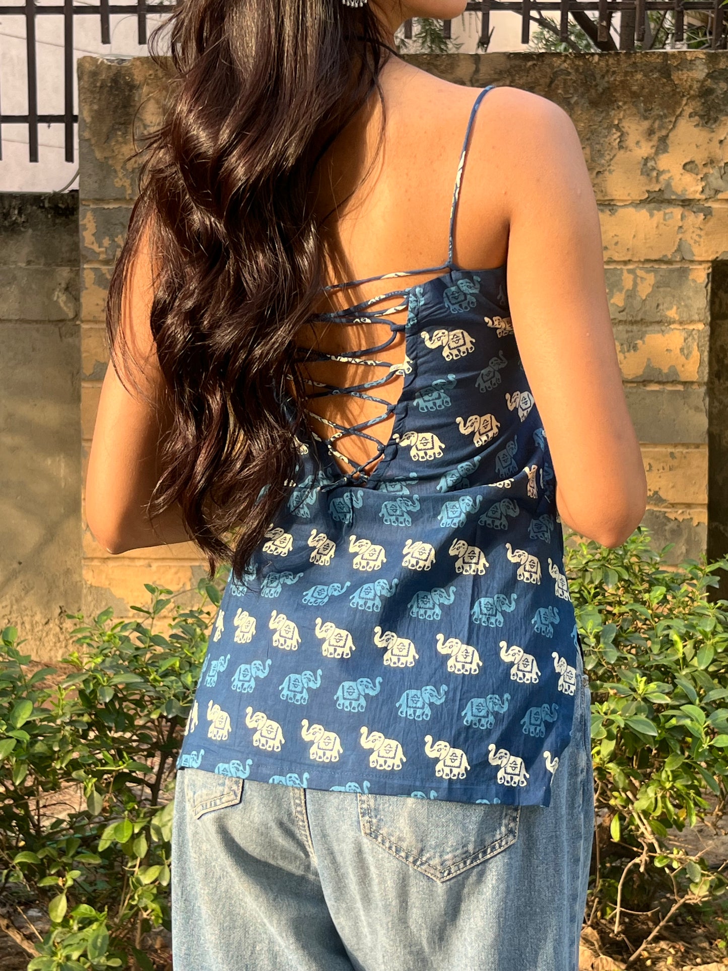 Navy Blue Elephant Print Cotton Spaghetti Top for Women