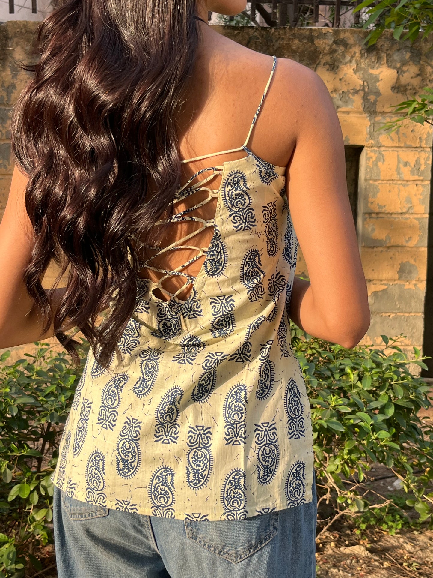 Beige Paisley Print Cotton Spaghetti Top for Women