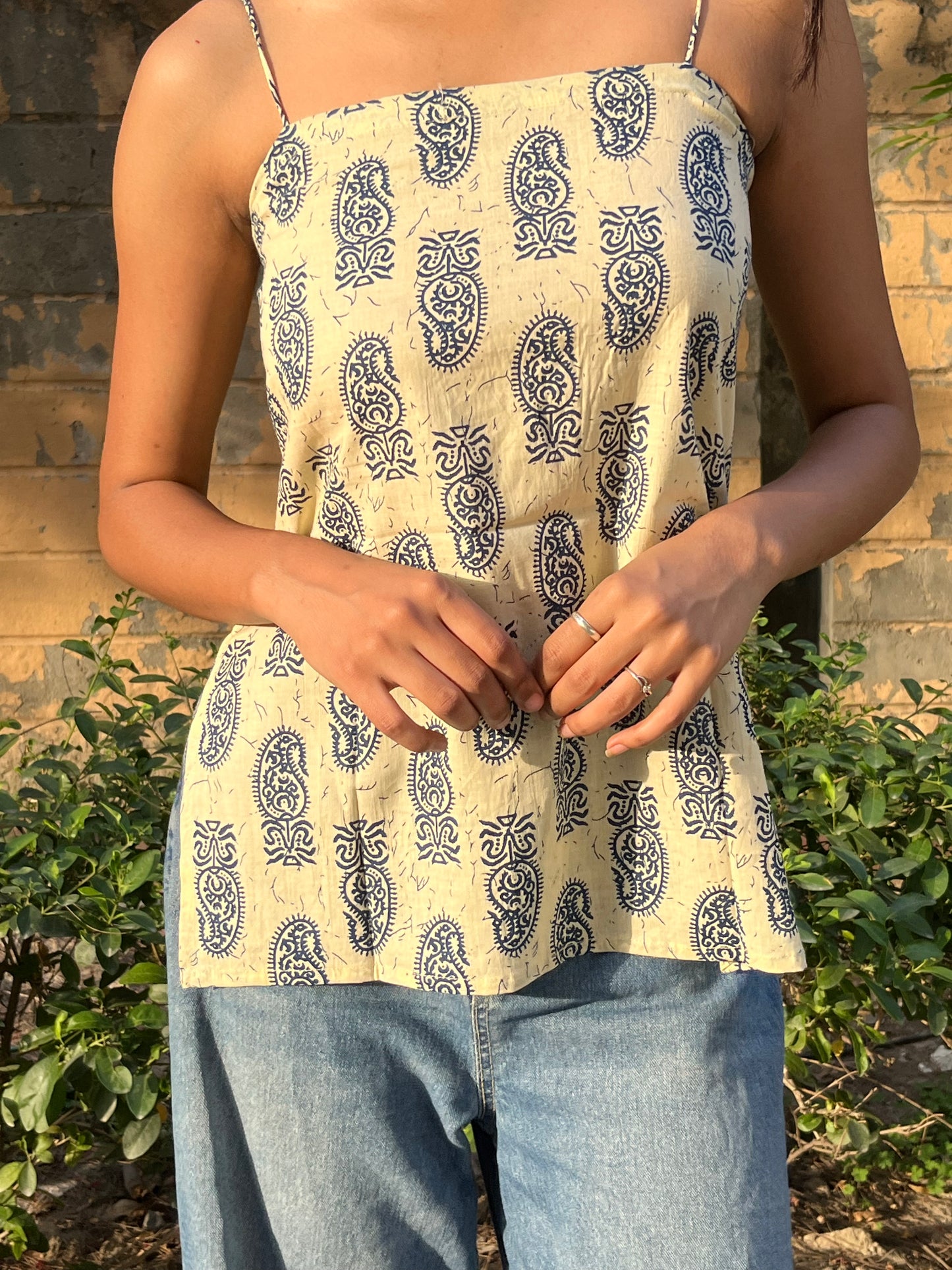 Beige Paisley Print Cotton Spaghetti Top for Women