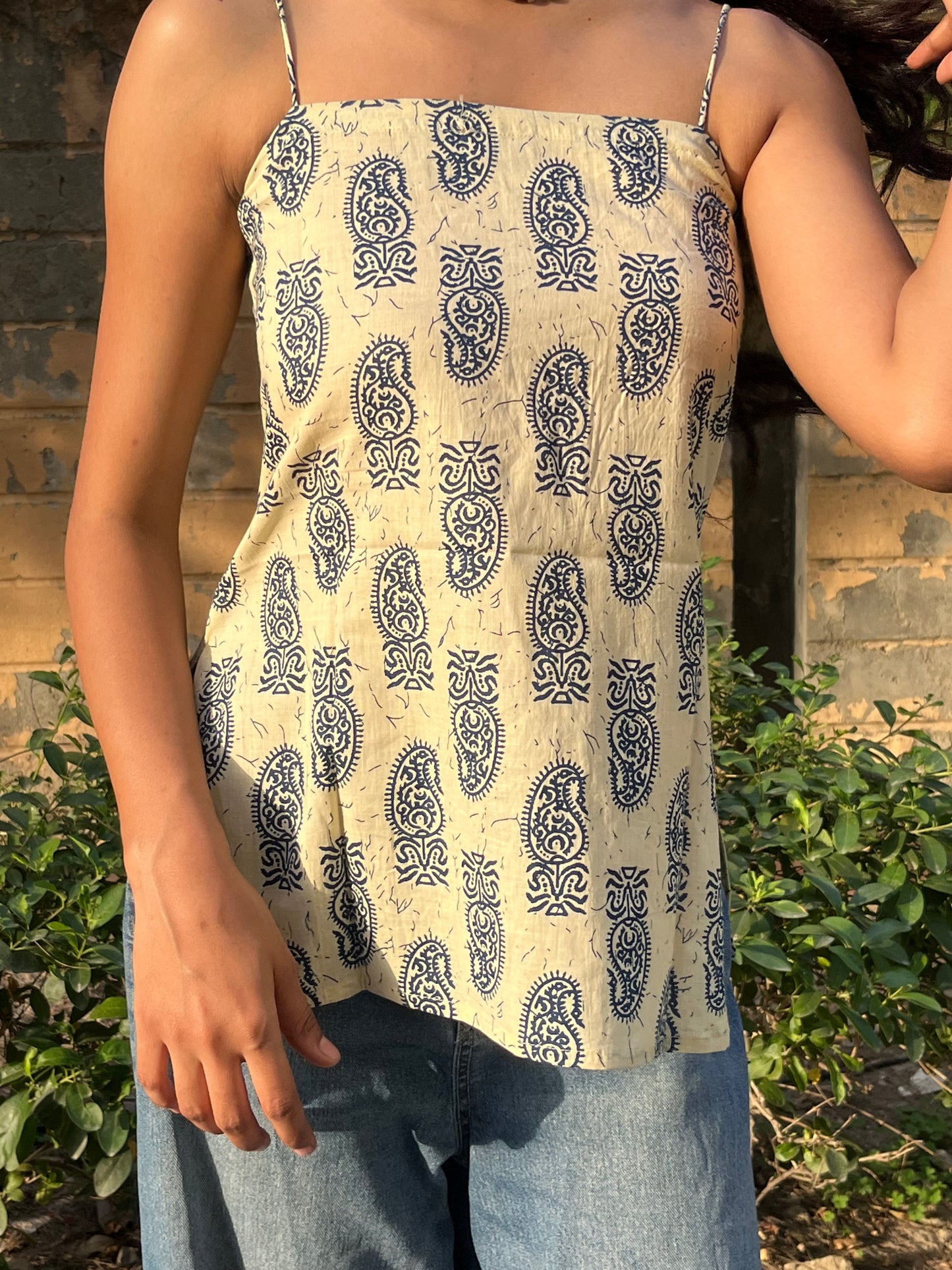 Beige Paisley Print Cotton Spaghetti Top for Women
