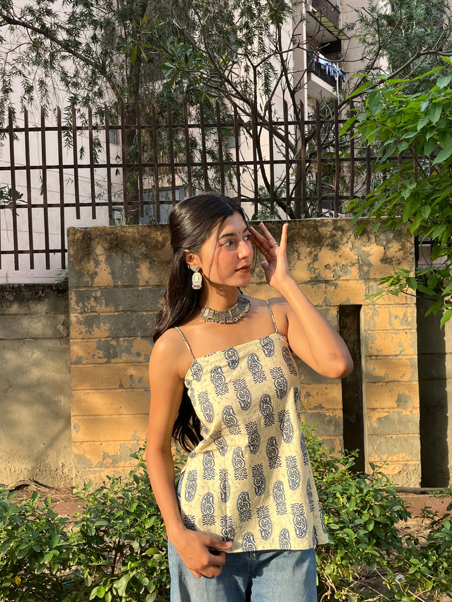 Beige Paisley Print Cotton Spaghetti Top for Women