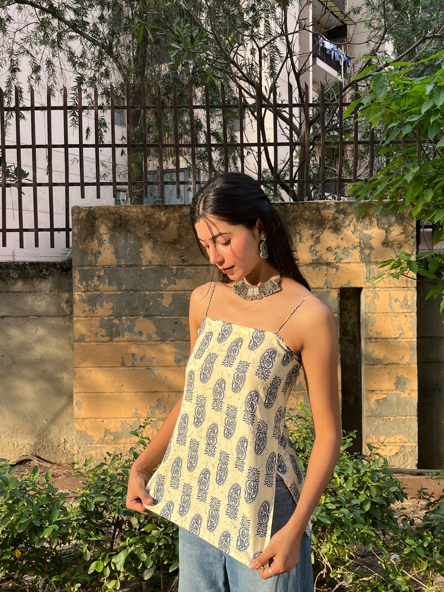 Beige Paisley Print Cotton Spaghetti Top for Women