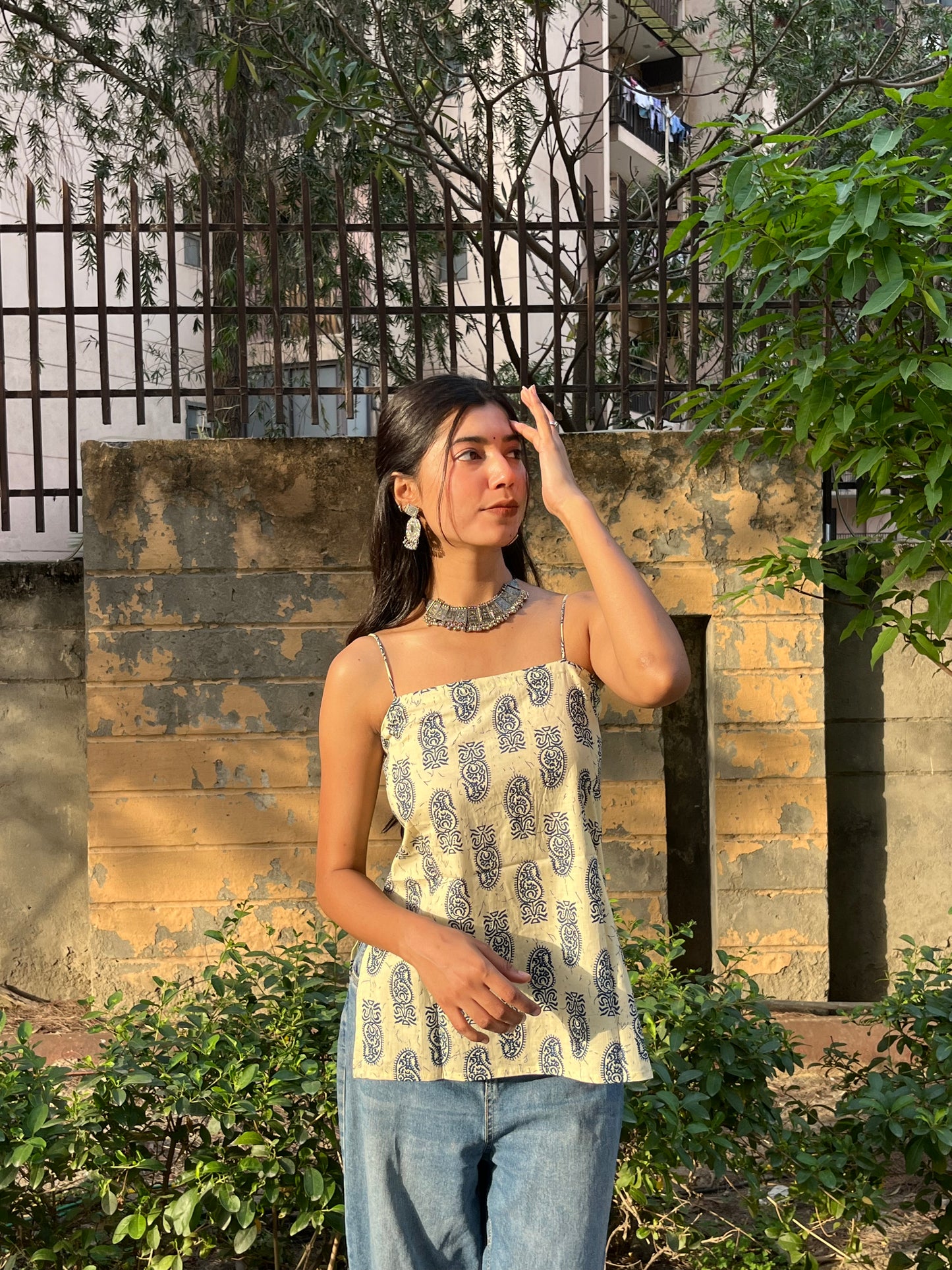 Beige Paisley Print Cotton Spaghetti Top for Women