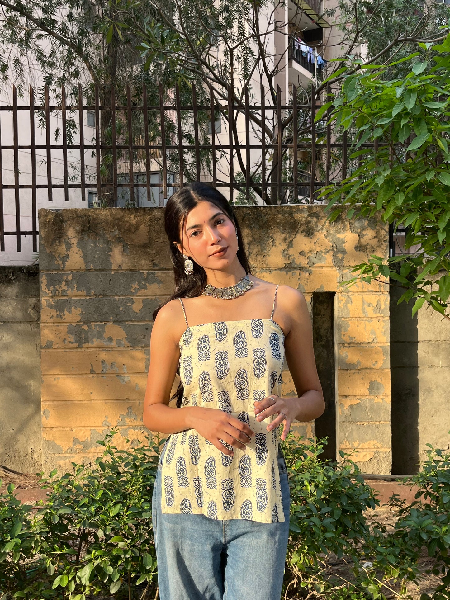 Beige Paisley Print Cotton Spaghetti Top for Women