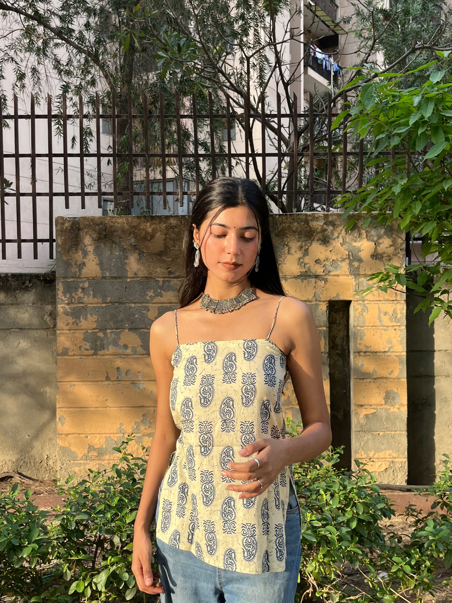 Beige Paisley Print Cotton Spaghetti Top for Women