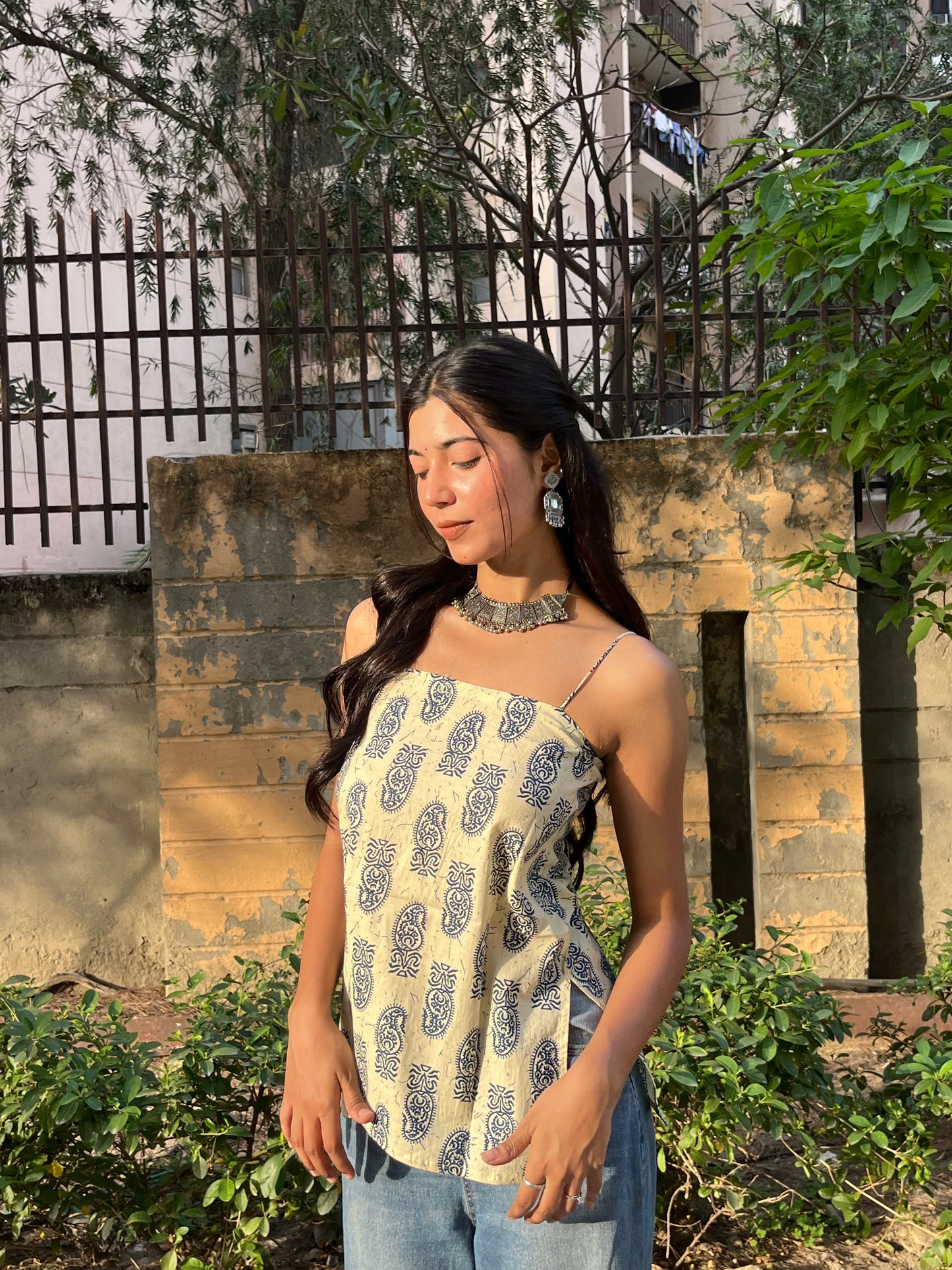Beige Paisley Print Cotton Spaghetti Top for Women