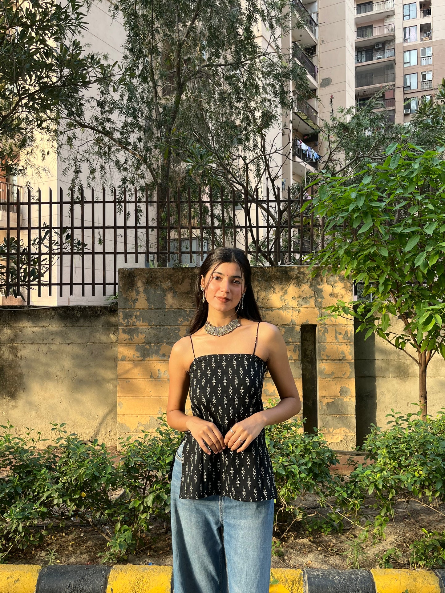 Black Minimal Block Print Cotton Spaghetti Top for Women
